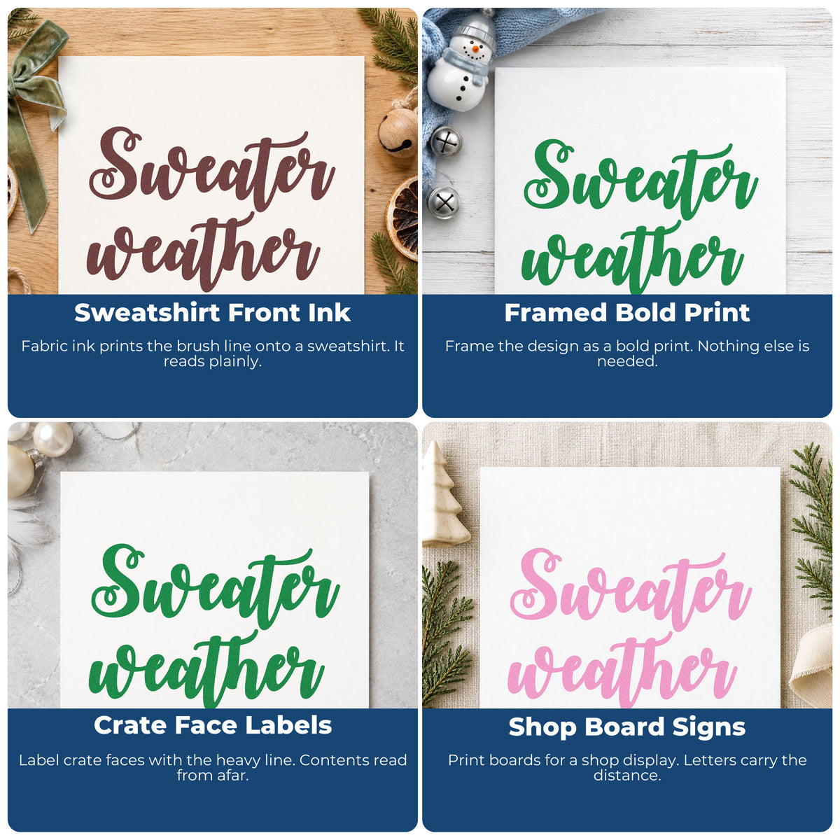 Four ways to use the Sweater Weather Brush Script Lettering Stamp – PSI Pre-Inked: sweatshirt front ink, framed bold print, crate face labels and shop board signs.