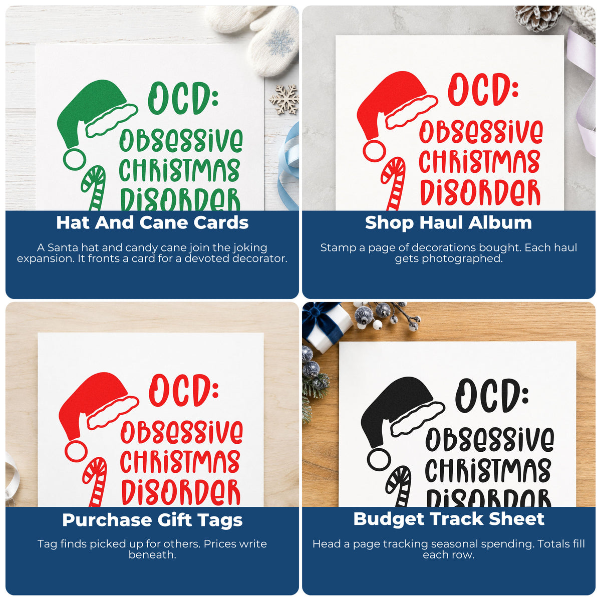Four ways to use the Obsessive Christmas Disorder Hat Stamp – Self-Inking: hat and cane cards, shop haul album, purchase gift tags and budget track sheet.