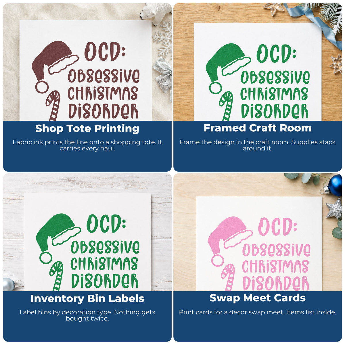 Four ways to use the Obsessive Christmas Disorder Hat Stamp – Slim Pre-Inked: shop tote printing, framed craft room, inventory bin labels and swap meet cards.