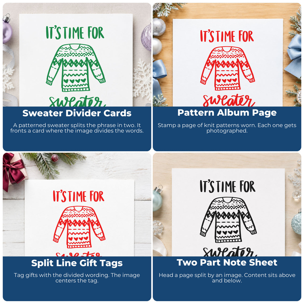 Four ways to use the Pre-Inked Time For Sweater Weather Stamp – PSI: sweater divider cards, pattern album page, split line gift tags and two part note sheet.