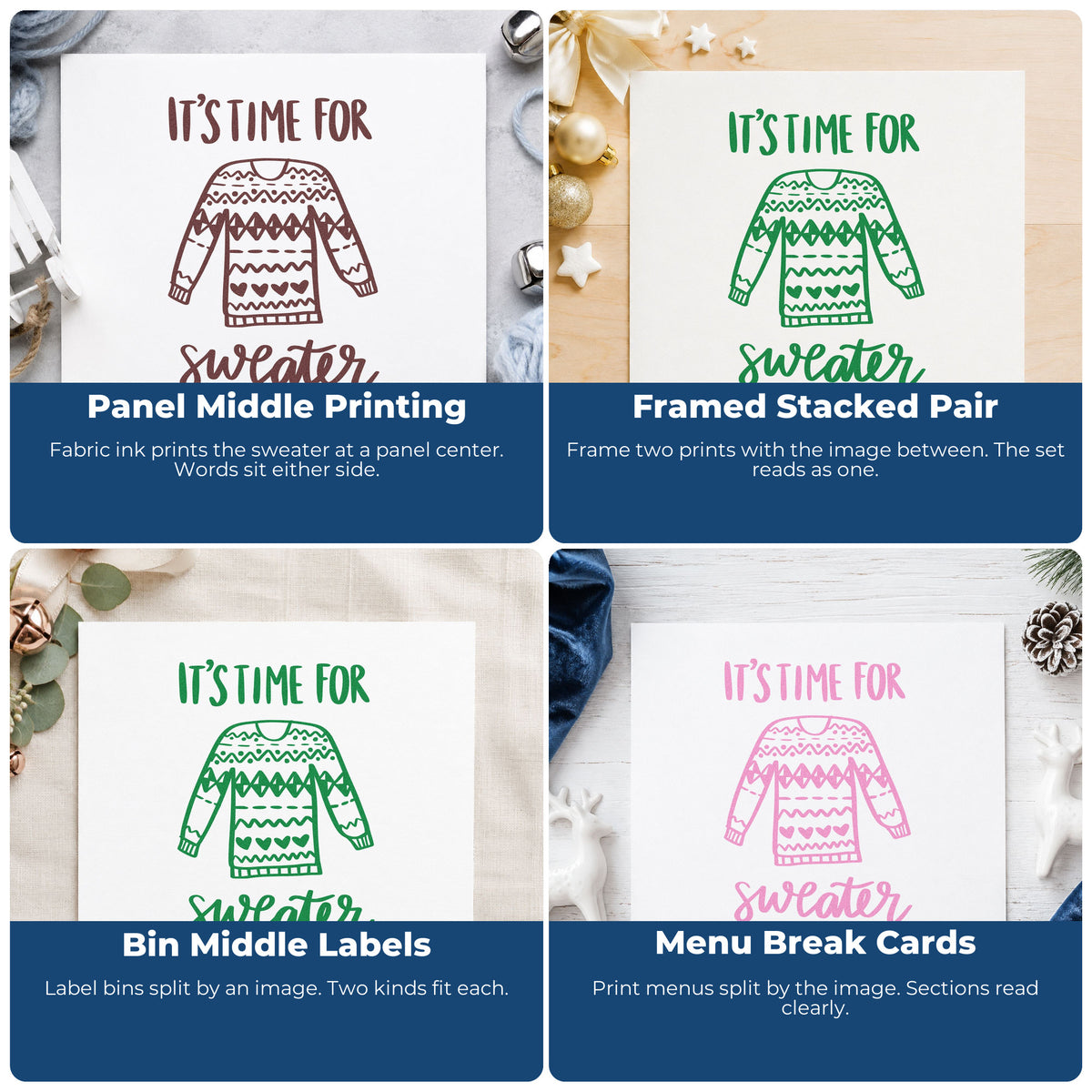 Four ways to use the Time For Sweater Weather Rubber Stamp – Wood Handle: panel middle printing, framed stacked pair, bin middle labels and menu break cards.