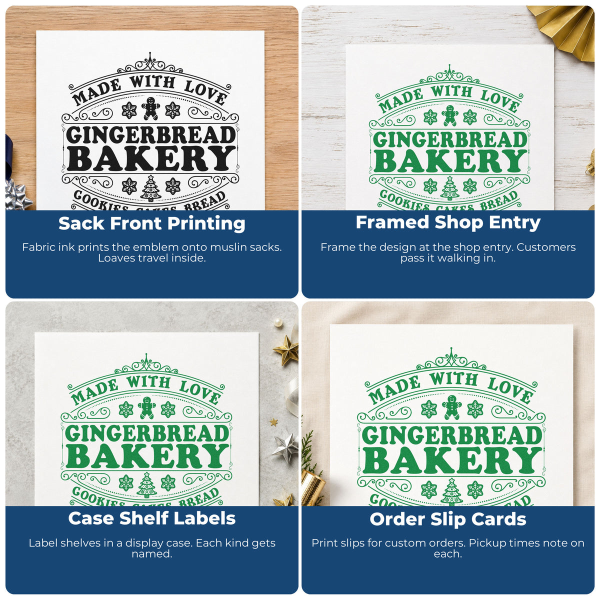 Four ways to use the PSI Pre-Inked Made With Love Gingerbread Bakery Stamp: sack front printing, framed shop entry, case shelf labels and order slip cards.