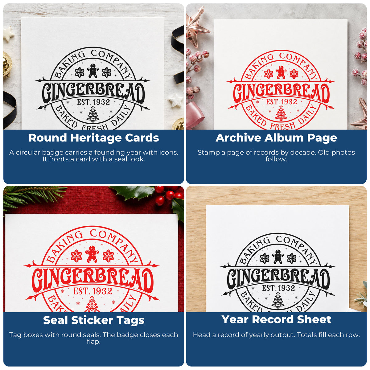 Four ways to use the Gingerbread Baking Company 1932 Pre-Inked Stamp – PSI: round heritage cards, archive album page, seal sticker tags and year record sheet.