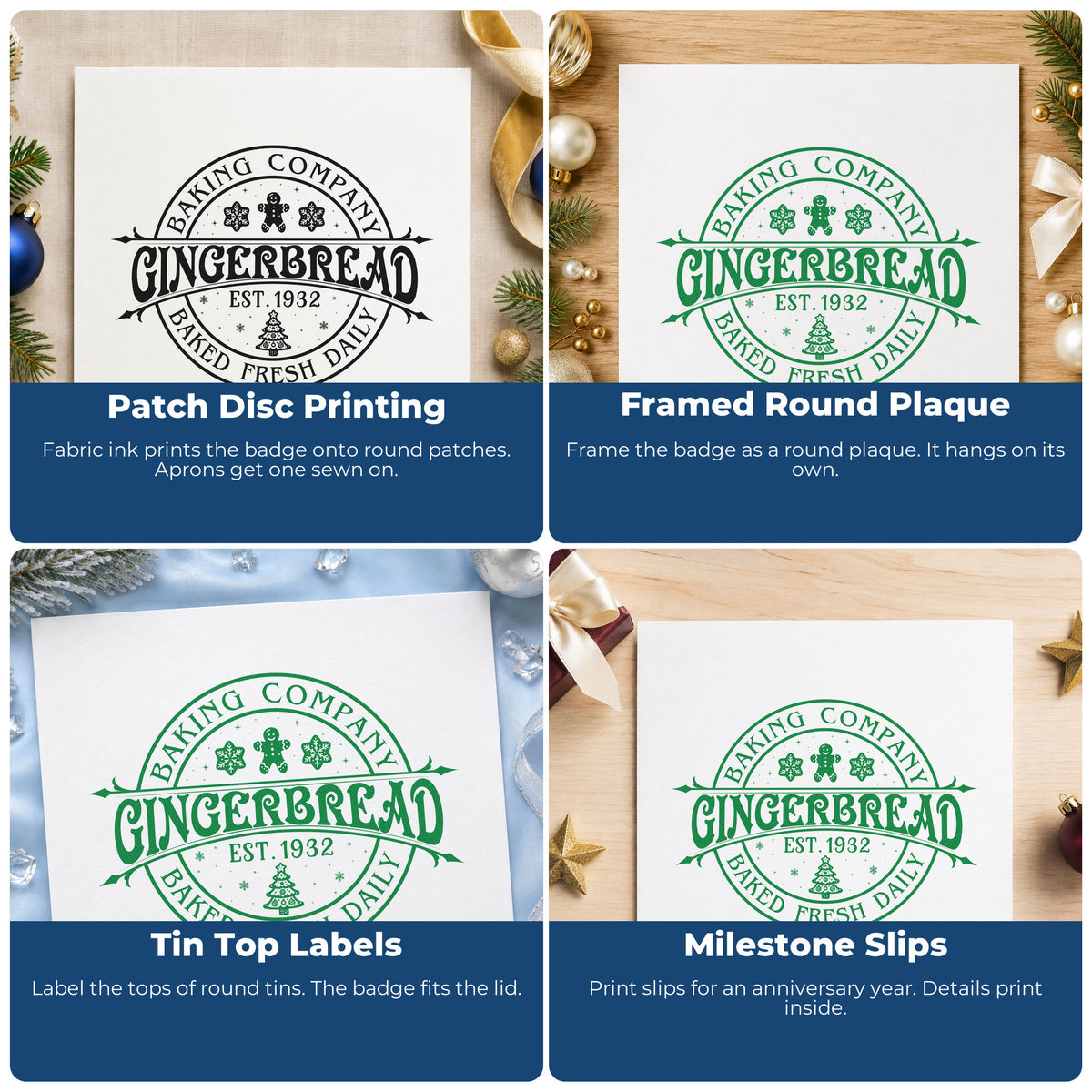 Four ways to use the Gingerbread Baking Company 1932 Pre-Inked Stamp – PSI: patch disc printing, framed round plaque, tin top labels and milestone slips.