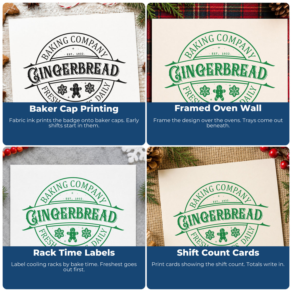 Four ways to use the Baking Company Gingerbread Fresh Cookies Daily Self-Inking Stamp: baker cap printing, framed oven wall, rack time labels and shift count cards.