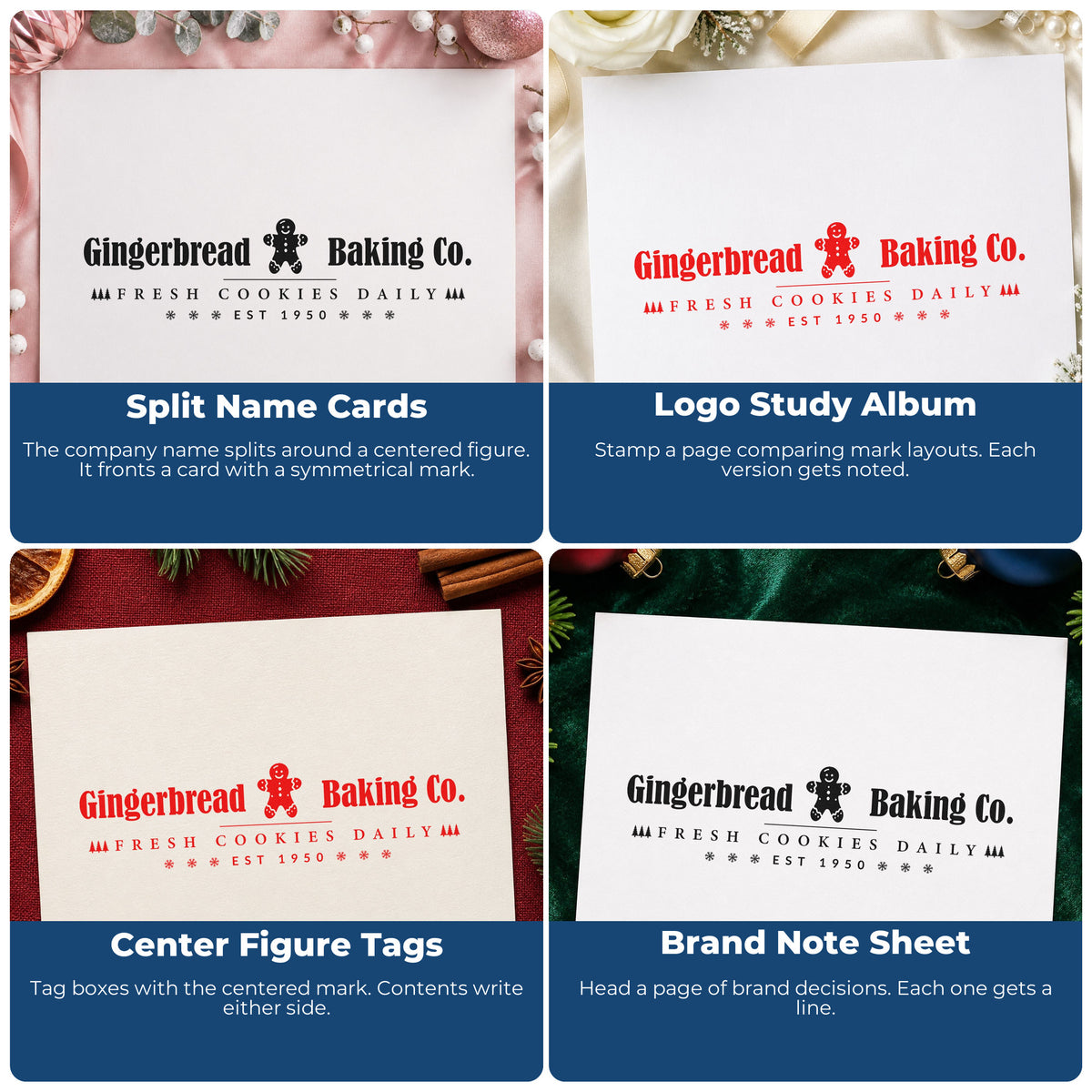 Four ways to use the Gingerbread Baking Company Horizontal Lettering Rubber Stamp – Wood Handle: split name cards, logo study album, center figure tags and brand note sheet.