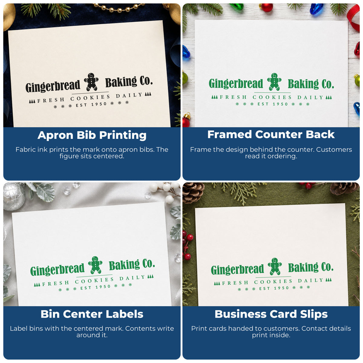 Four ways to use the Gingerbread Baking Company Horizontal Lettering Pre-Inked Stamp – PSI: apron bib printing, framed counter back, bin center labels and business card slips.