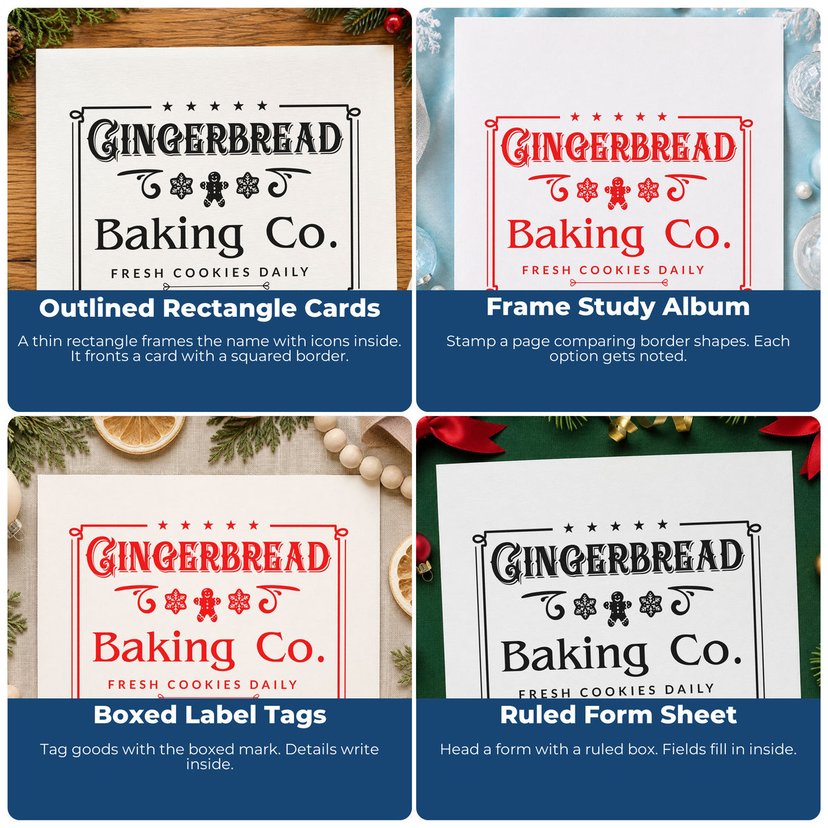 Four ways to use the Wood Handle Gingerbread Baking Company Framed Rubber Stamp: outlined rectangle cards, frame study album, boxed label tags and ruled form sheet.