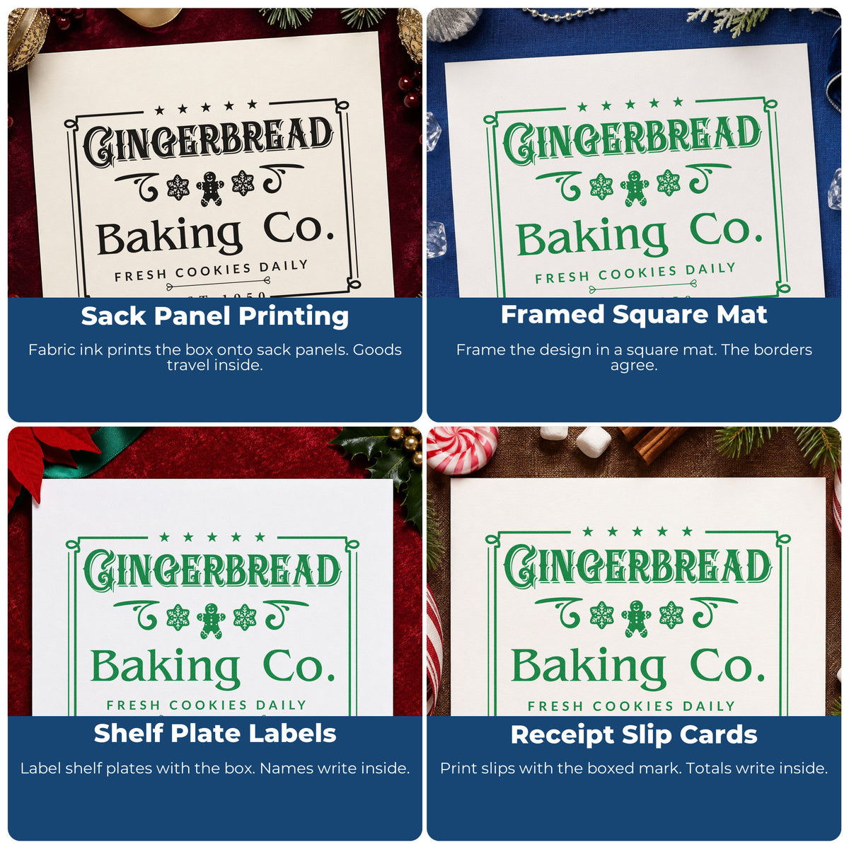 Four ways to use the Wood Handle Gingerbread Baking Company Framed Rubber Stamp: sack panel printing, framed square mat, shelf plate labels and receipt slip cards.