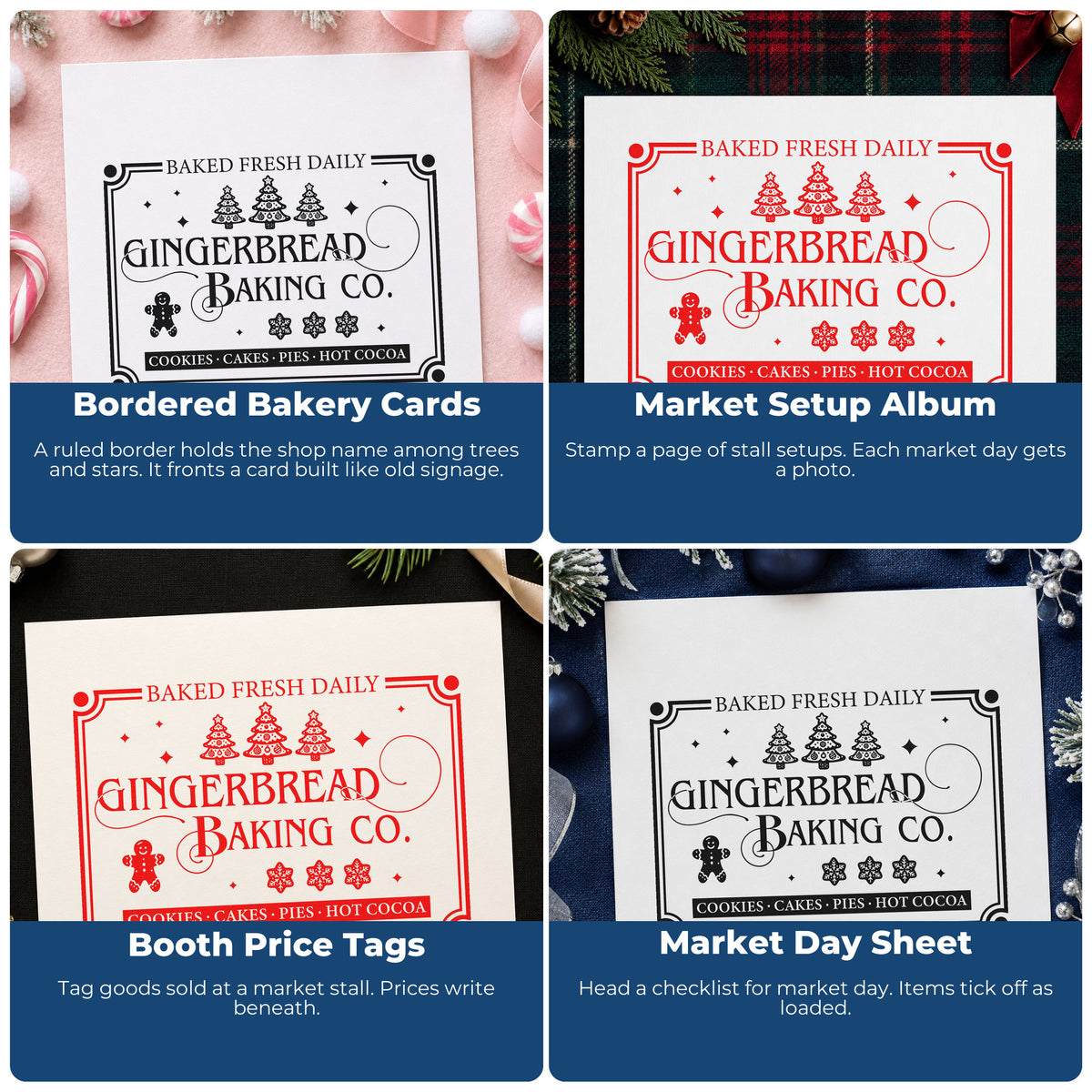 Four ways to use the Gingerbread Baking Company Daily Tree Motif Self-Inking Stamp: bordered bakery cards, market setup album, booth price tags and market day sheet.