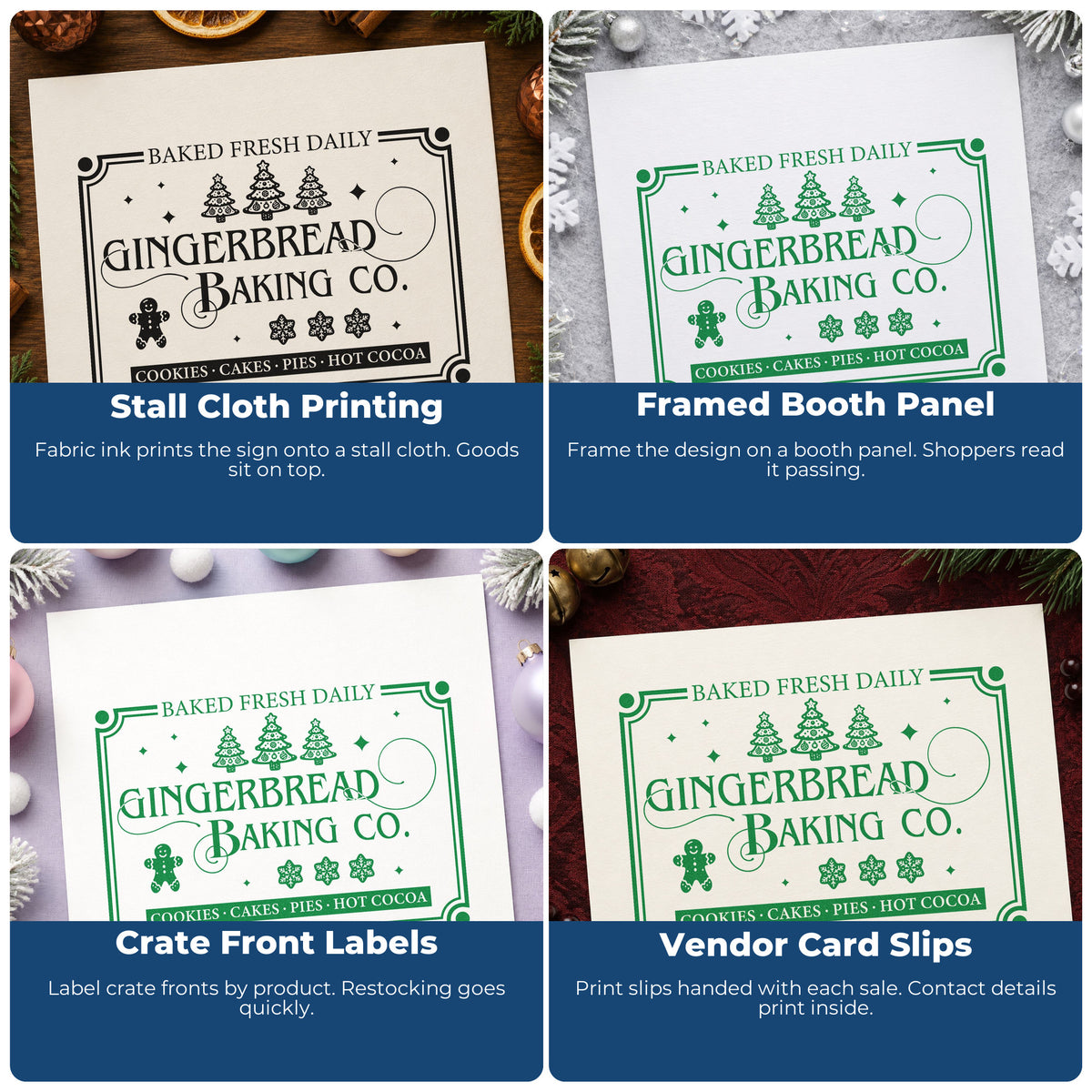 Four ways to use the Premium Wooden Gingerbread Baking Company Daily Tree Motif Stamp - Vintage Pro: stall cloth printing, framed booth panel, crate front labels and vendor card slips.