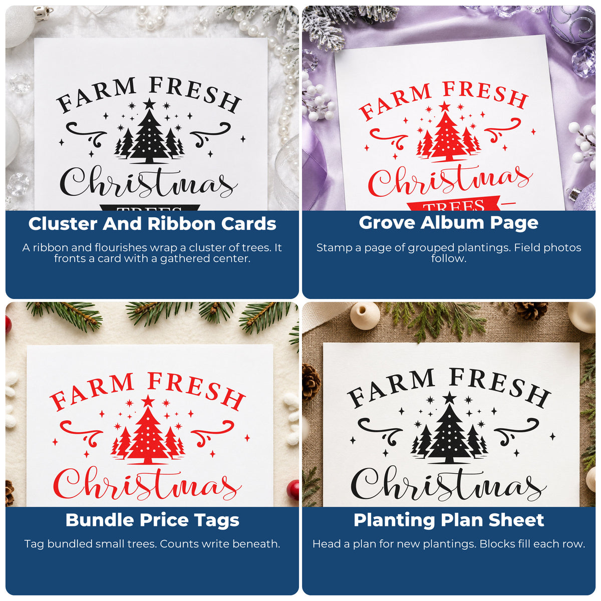 Four ways to use the Farm Fresh Christmas Trees Emblem Rubber Stamp – Wood Handle: cluster and ribbon cards, grove album page, bundle price tags and planting plan sheet.