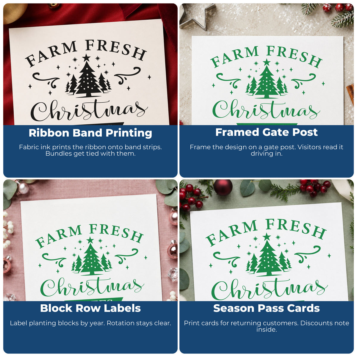 Four ways to use the Farm Fresh Christmas Trees Emblem Rubber Stamp – Wood Handle: ribbon band printing, framed gate post, block row labels and season pass cards.