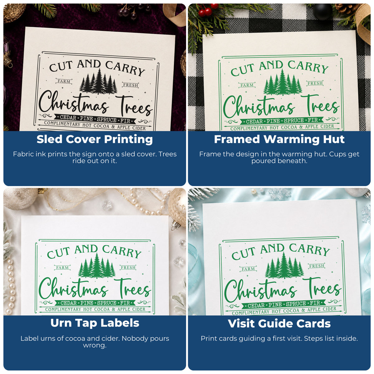 Four ways to use the Cut And Carry Christmas Trees Pine Motif Stamp - Premium Vintage Pro Wooden: sled cover printing, framed warming hut, urn tap labels and visit guide cards.