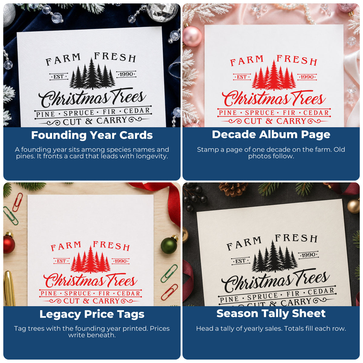 Four ways to use the Farm Fresh Trees Est 1990 Hand Stamp – Duo: founding year cards, decade album page, legacy price tags and season tally sheet.