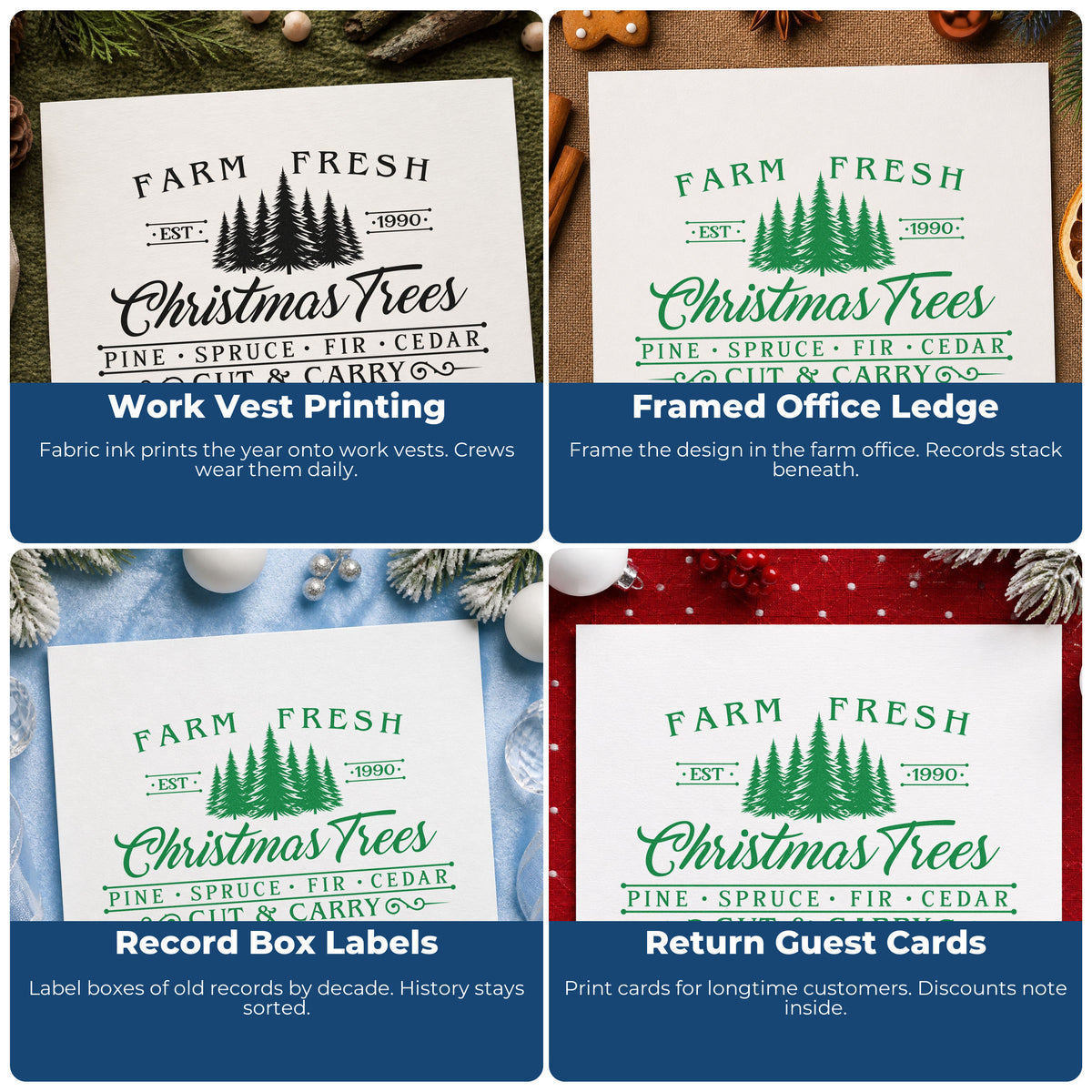 Four ways to use the Farm Fresh Trees Est 1990 Craft Stamp – Self-Inking: work vest printing, framed office ledge, record box labels and return guest cards.