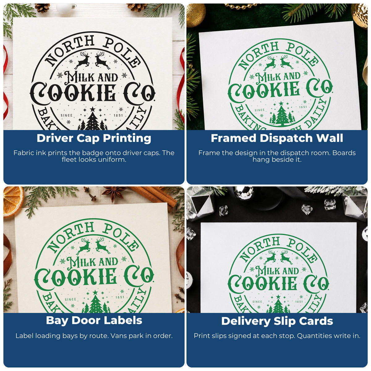 Four ways to use the North Pole Cookie Company Emblem Self-Inking Stamp: driver cap printing, framed dispatch wall, bay door labels and delivery slip cards.