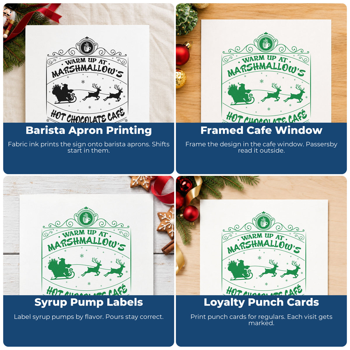 Four ways to use the Marshmallow Hot Chocolate Cafe Wood Handle Stamp: barista apron printing, framed cafe window, syrup pump labels and loyalty punch cards.