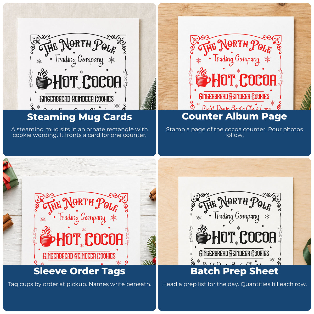 Four ways to use the North Pole Trading Hot Cocoa Slim Pre-Inked Stamp: steaming mug cards, counter album page, sleeve order tags and batch prep sheet.