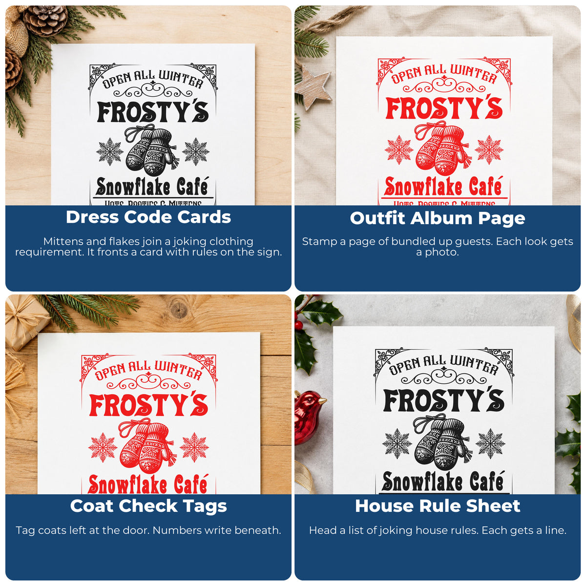 Four ways to use the Frosty's Snowflake Cafe Sign Stamp – Self-Inking: dress code cards, outfit album page, coat check tags and house rule sheet.
