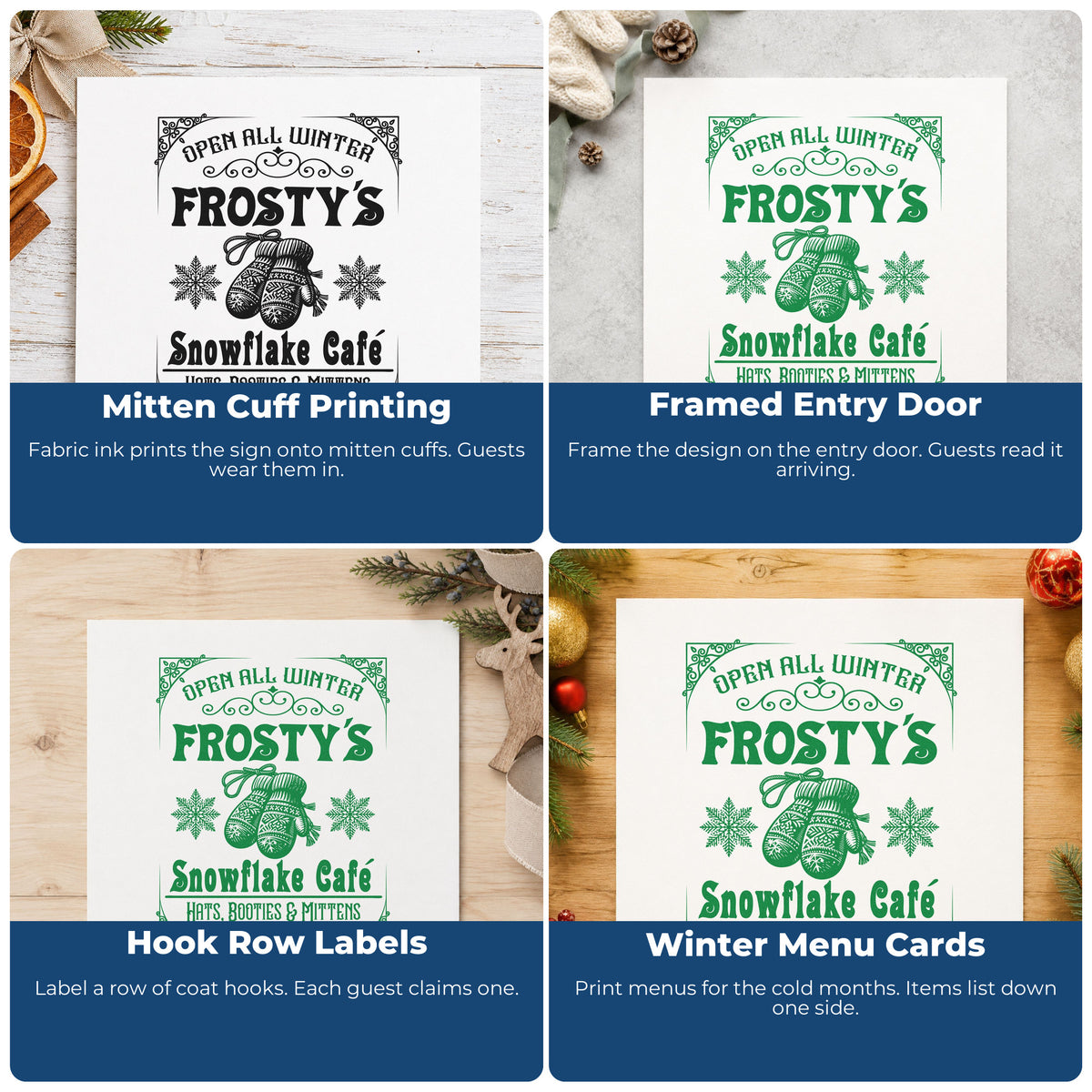 Four ways to use the Frosty's Snowflake Cafe Sign Pre-Inked Stamp – Slim: mitten cuff printing, framed entry door, hook row labels and winter menu cards.
