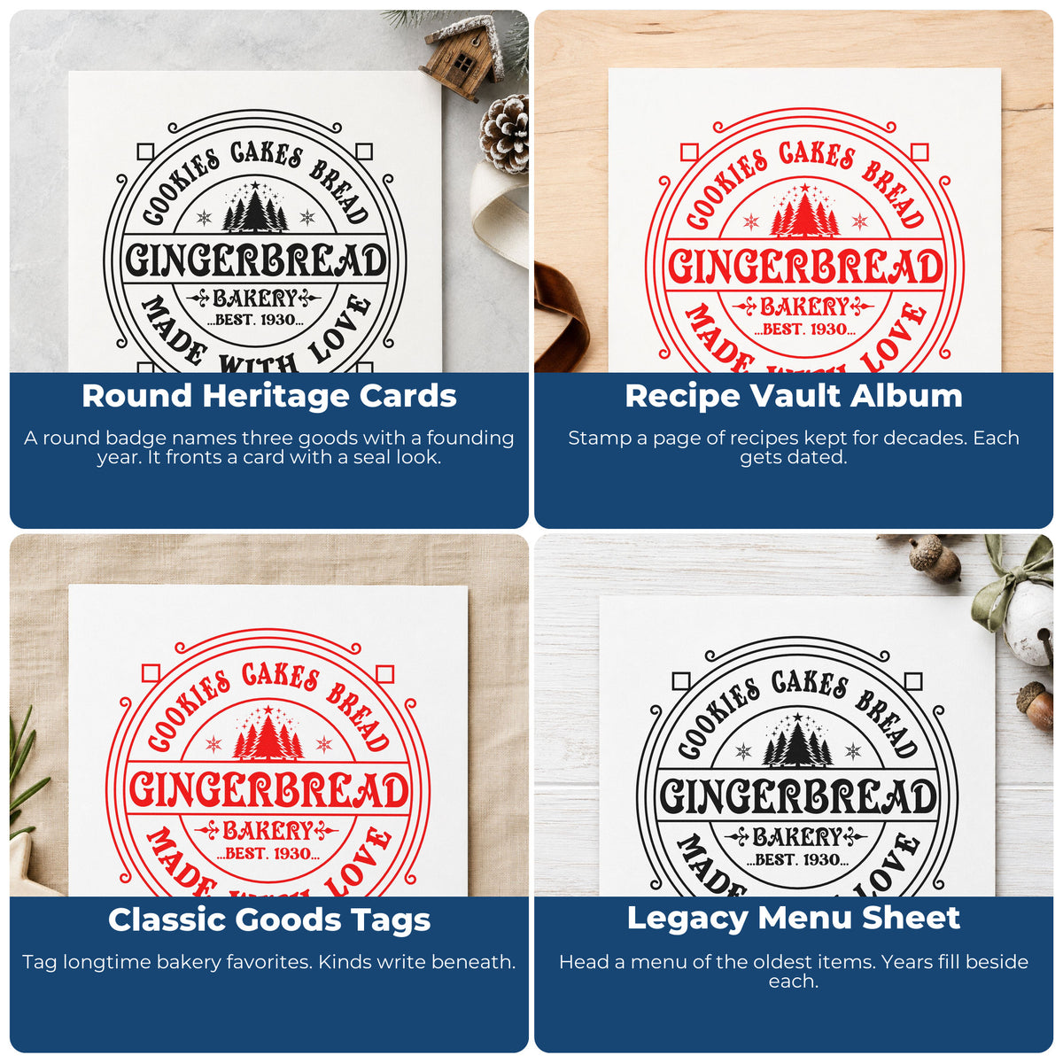Four ways to use the Cookies Cakes Bread Gingerbread Bakery Made With Love Stamp – PSI Pre-Inked: round heritage cards, recipe vault album, classic goods tags and legacy menu sheet.