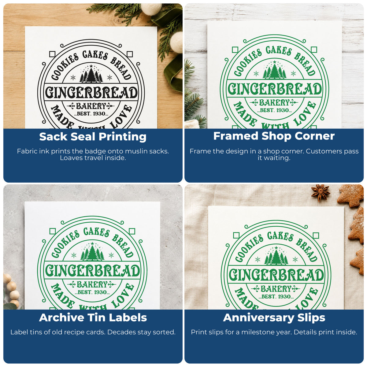 Four ways to use the Cookies Cakes Bread Gingerbread Bakery Made With Love Stamp – PSI Pre-Inked: sack seal printing, framed shop corner, archive tin labels and anniversary slips.