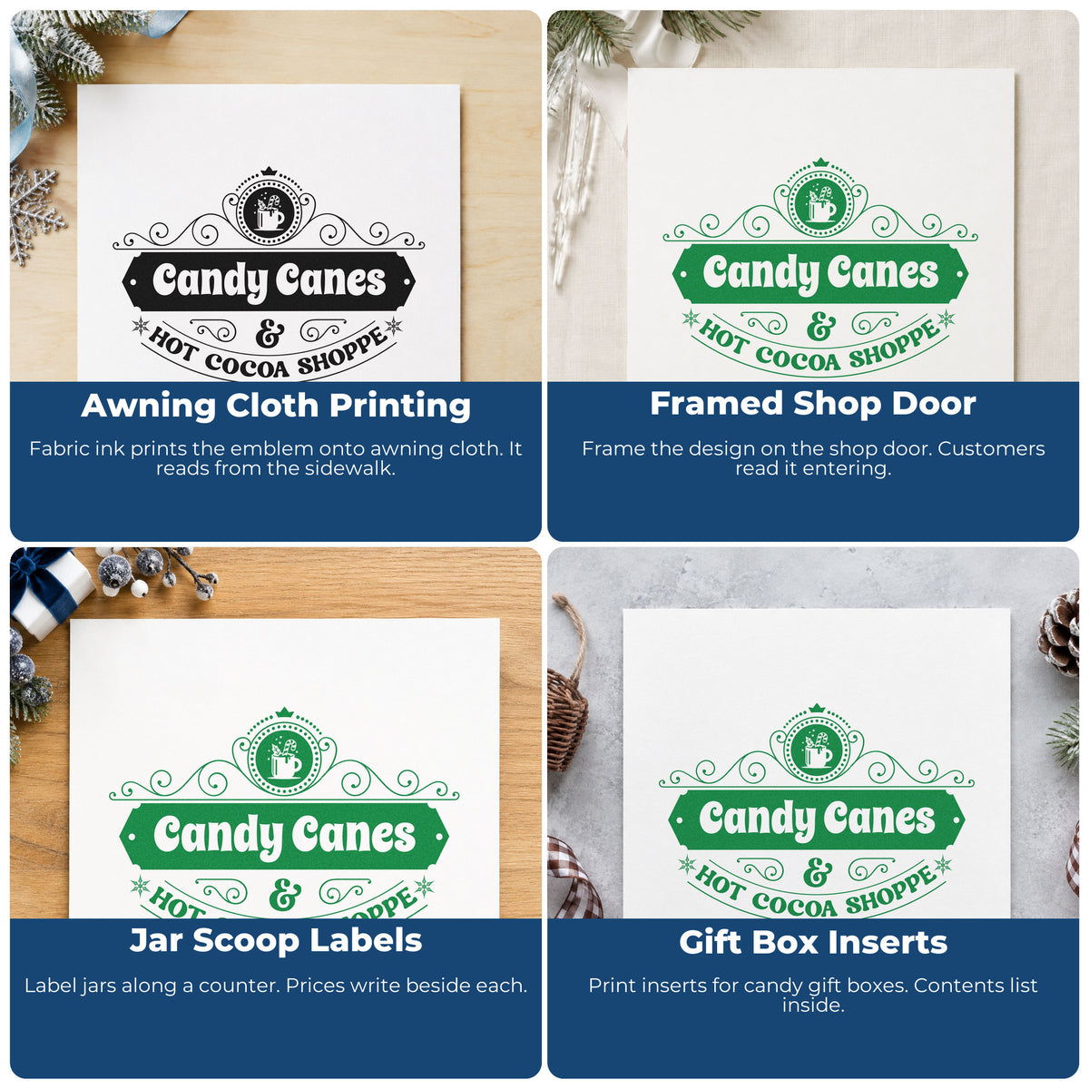Four ways to use the Candy Canes Hot Cocoa Shoppe Pre-Inked Stamp – PSI: awning cloth printing, framed shop door, jar scoop labels and gift box inserts.