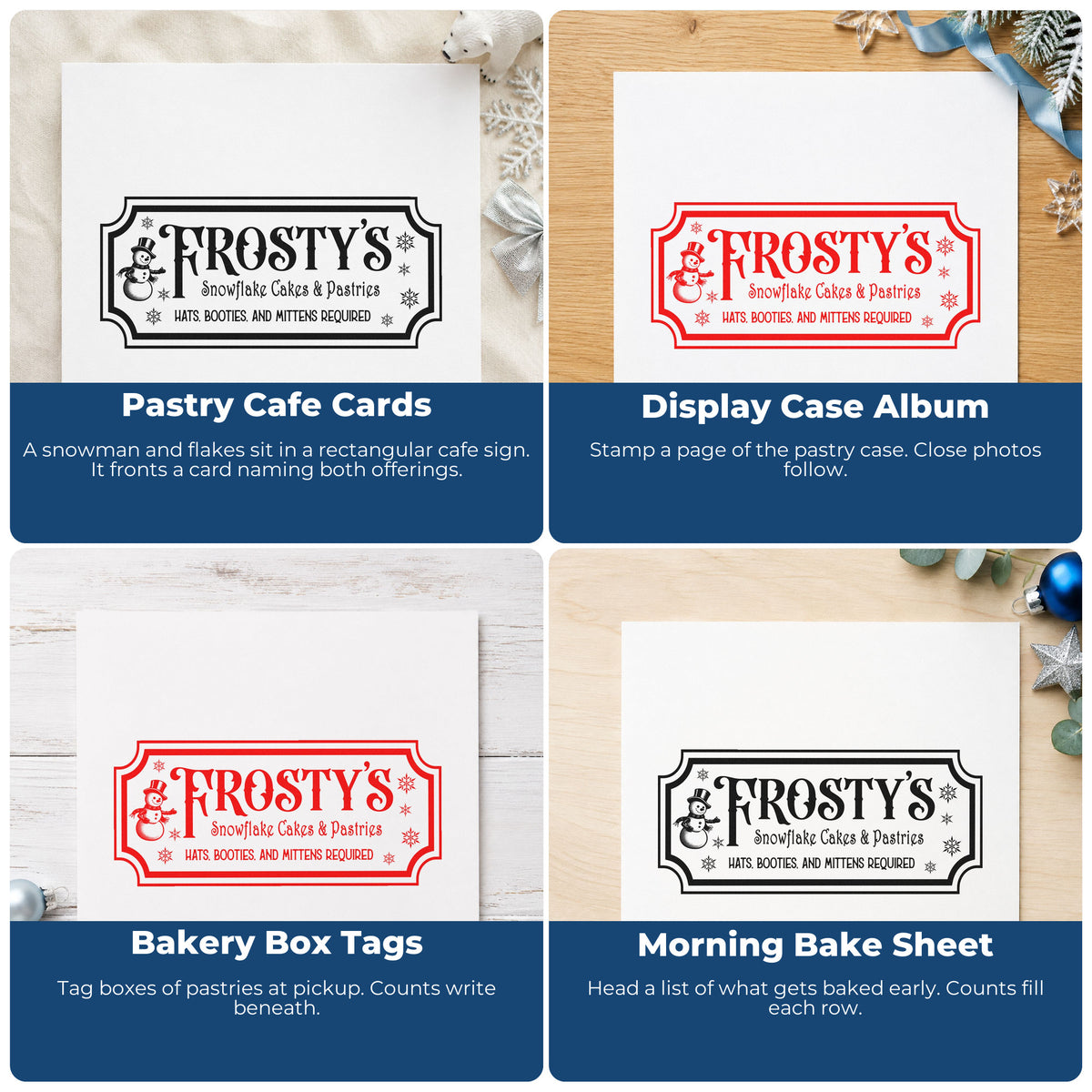 Four ways to use the Frosty's Snowflake Cafe & Pastries Craft Stamp – Self-Inking: pastry cafe cards, display case album, bakery box tags and morning bake sheet.