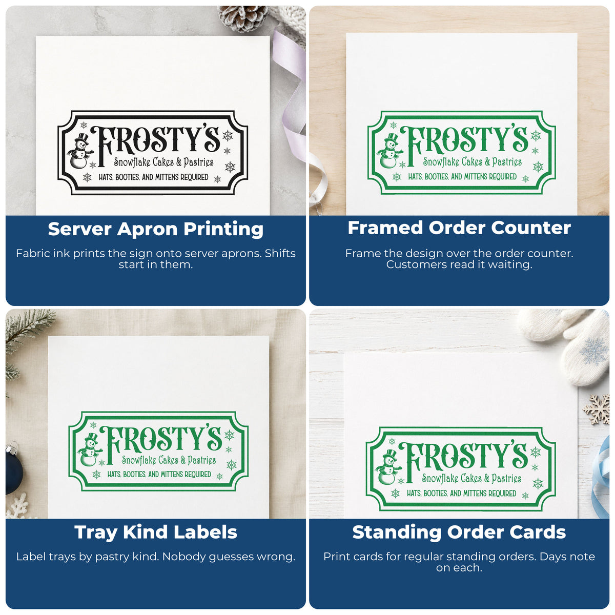 Four ways to use the Frosty's Snowflake Cafe & Pastries Craft Stamp – Self-Inking: server apron printing, framed order counter, tray kind labels and standing order cards.