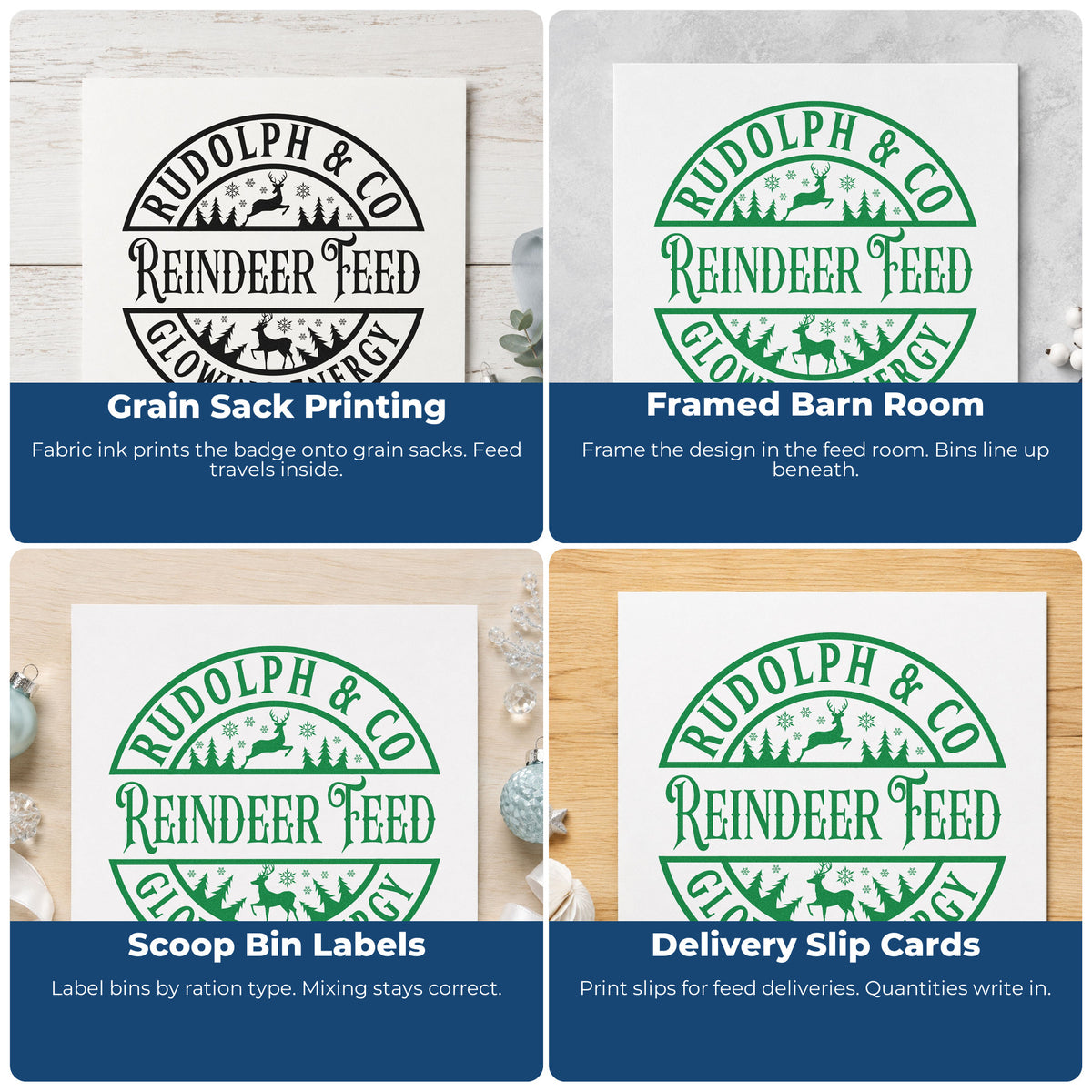 Four ways to use the Rudolph Reindeer Feed Badge Rubber Stamp – Duo Hand: grain sack printing, framed barn room, scoop bin labels and delivery slip cards.