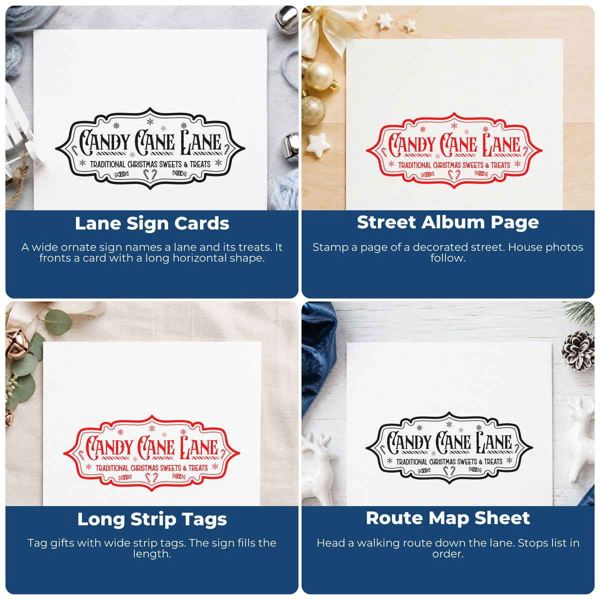 Four ways to use the Candy Cane Lane Vintage Sign Rubber Stamp – Wood Handle: lane sign cards, street album page, long strip tags and route map sheet.