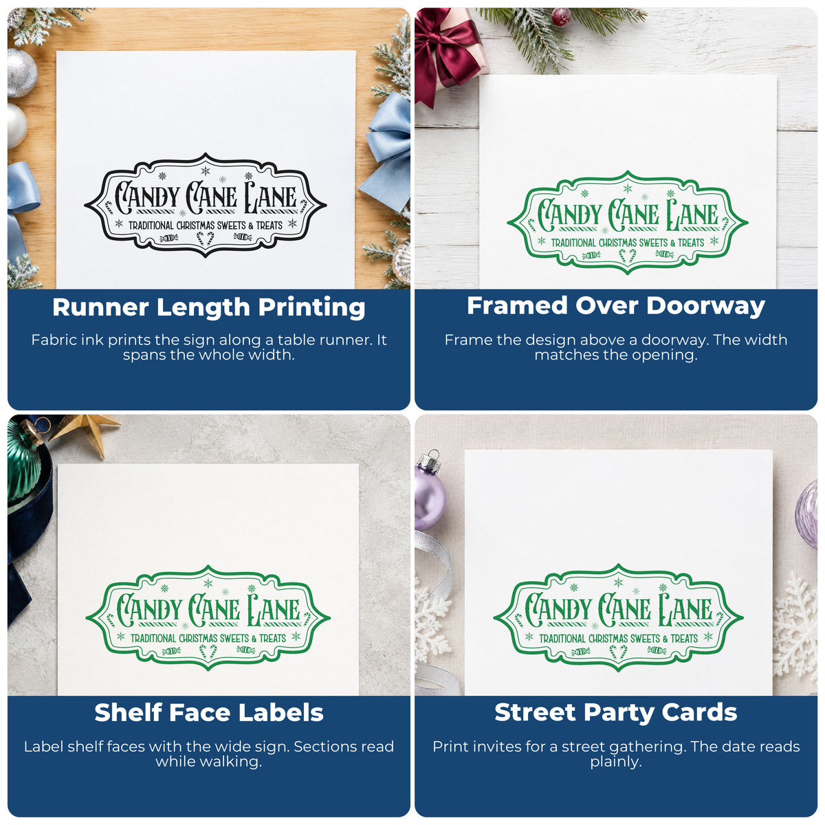 Four ways to use the Candy Cane Lane Vintage Sign Stamp – Self-Inking: runner length printing, framed over doorway, shelf face labels and street party cards.