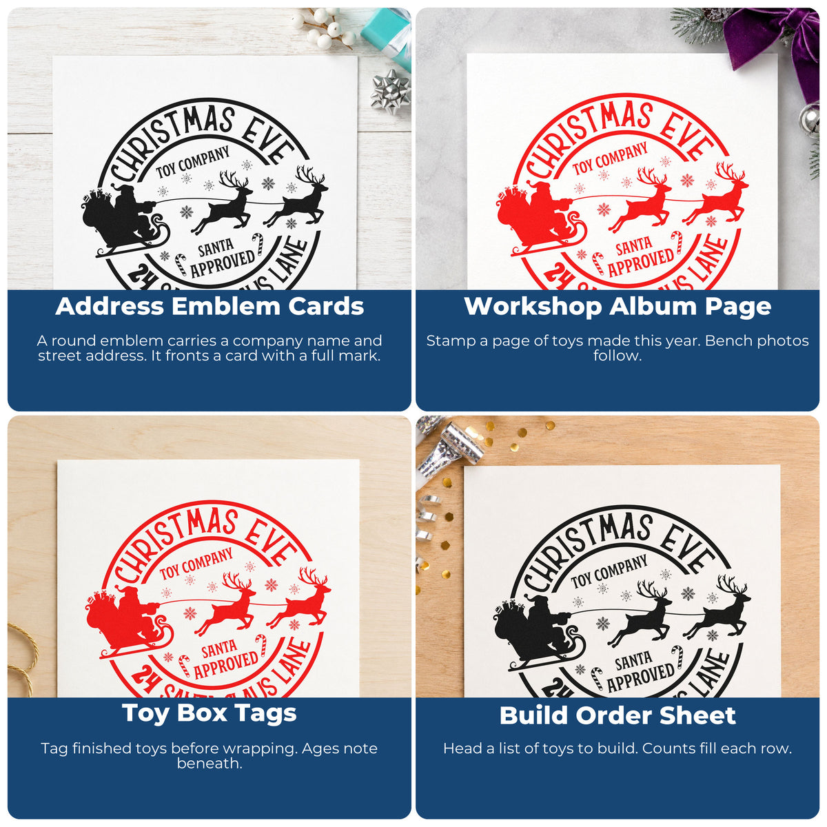 Four ways to use the Christmas Eve Toy Company Reindeer Pre-Inked Stamp – PSI: address emblem cards, workshop album page, toy box tags and build order sheet.
