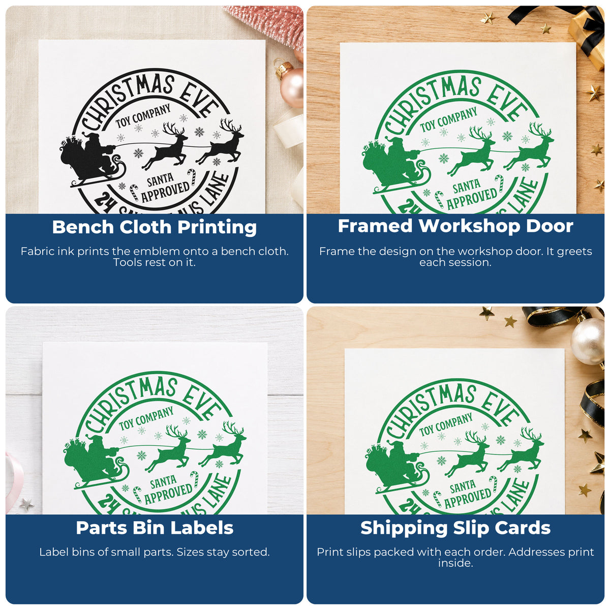 Four ways to use the Premium Wooden Christmas Eve Toy Company Reindeer Stamp - Vintage Pro: bench cloth printing, framed workshop door, parts bin labels and shipping slip cards.