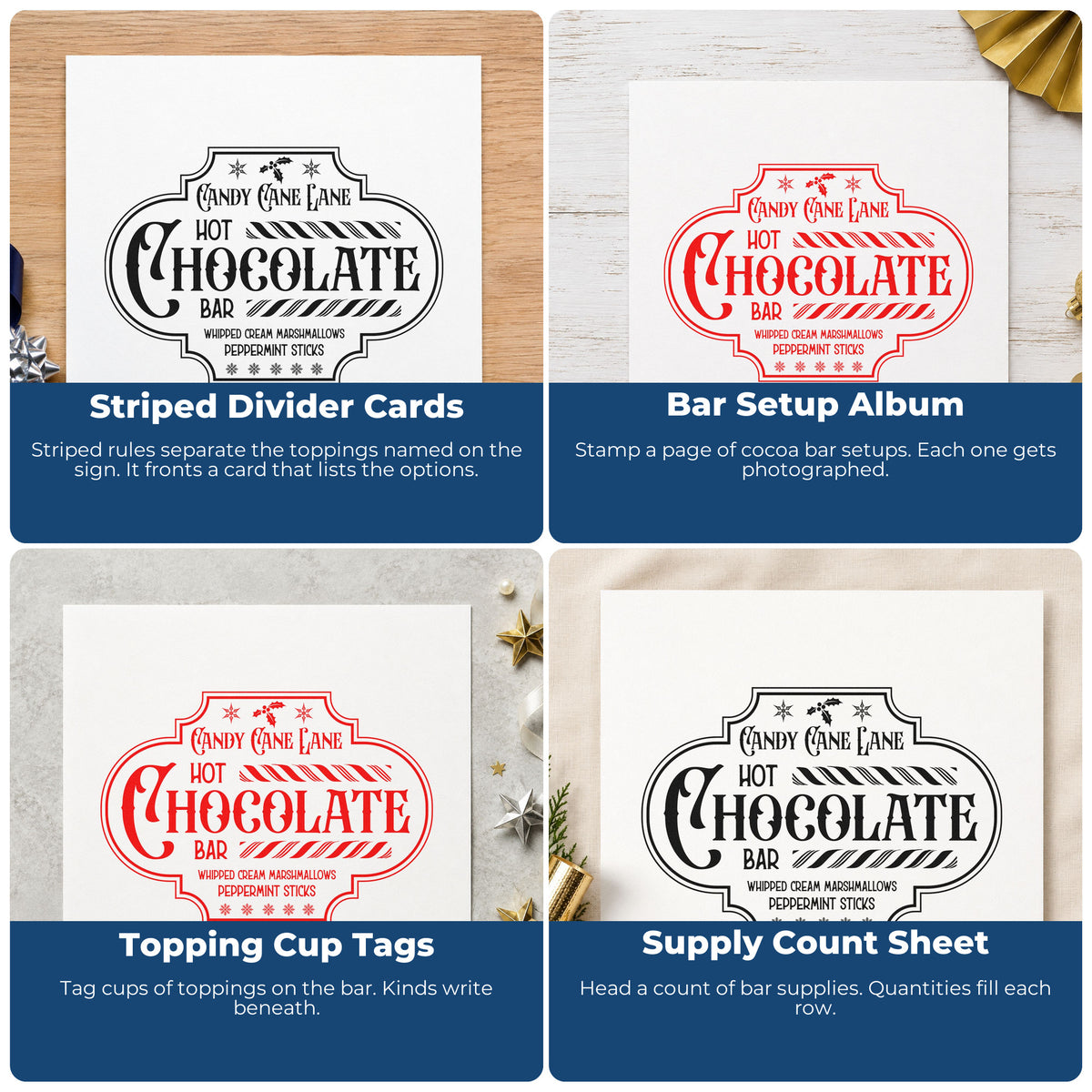 Four ways to use the Candy Cane Lane Hot Chocolate Bar Self-Inking Stamp: striped divider cards, bar setup album, topping cup tags and supply count sheet.