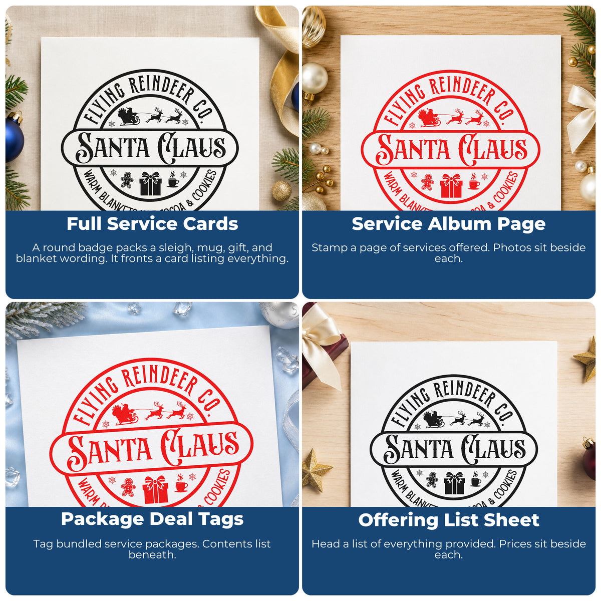 Four ways to use the Flying Reindeer Santa Claus Badge Stamp - Premium Vintage Pro Wooden: full service cards, service album page, package deal tags and offering list sheet.