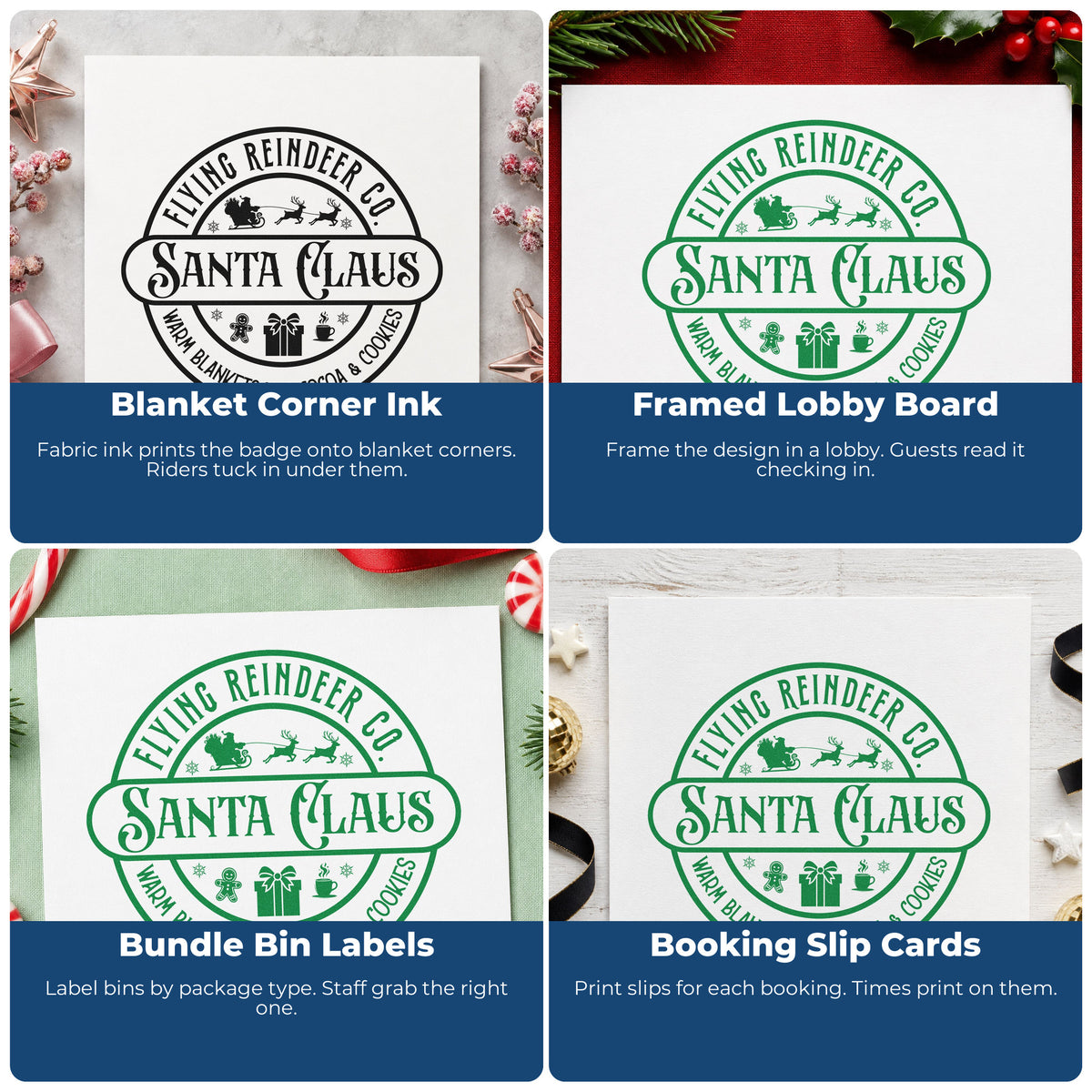Four ways to use the Flying Reindeer Santa Claus Badge Rubber Stamp – Wood Handle: blanket corner ink, framed lobby board, bundle bin labels and booking slip cards.