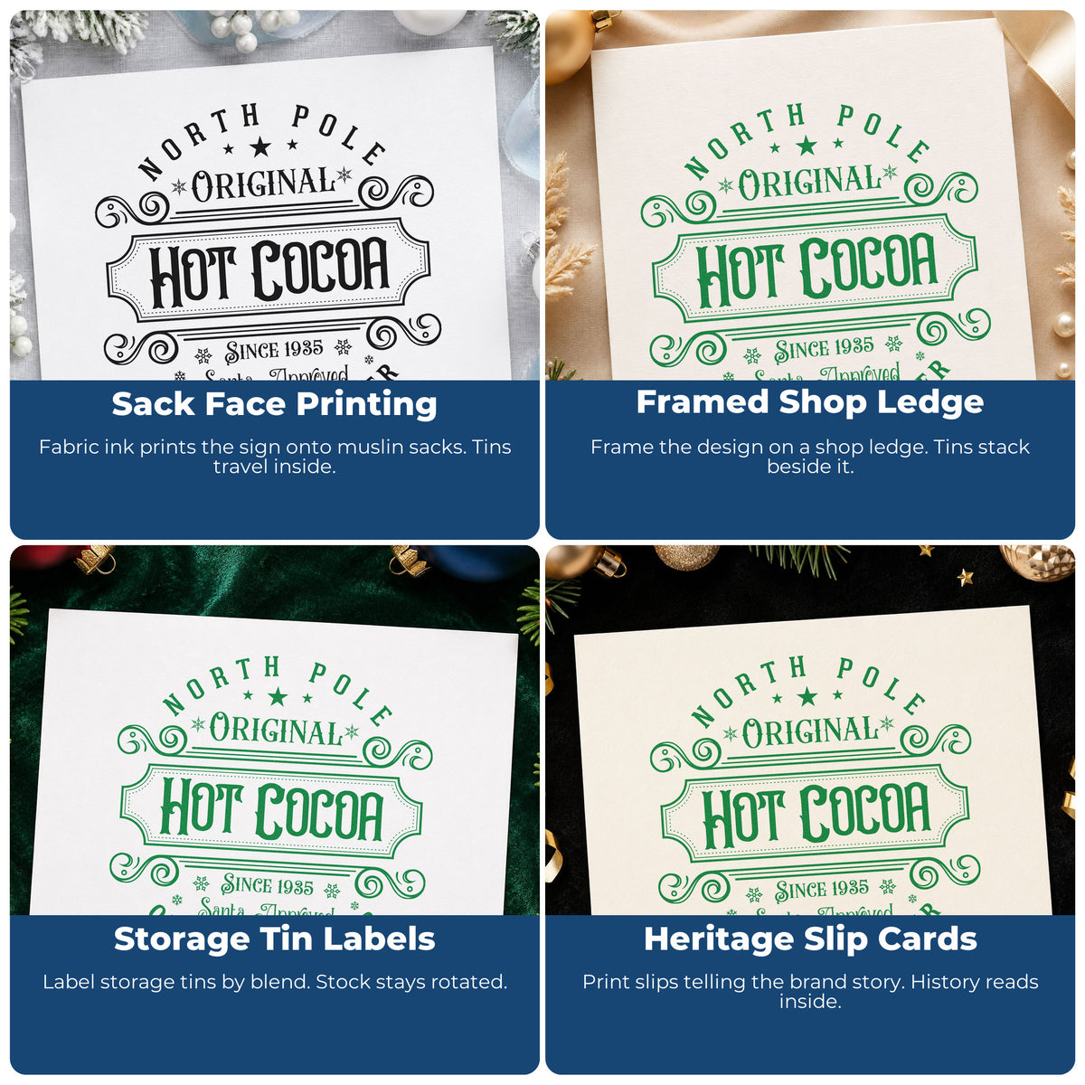 Four ways to use the North Pole Original Hot Cocoa Pre-Inked Stamp – Slim: sack face printing, framed shop ledge, storage tin labels and heritage slip cards.