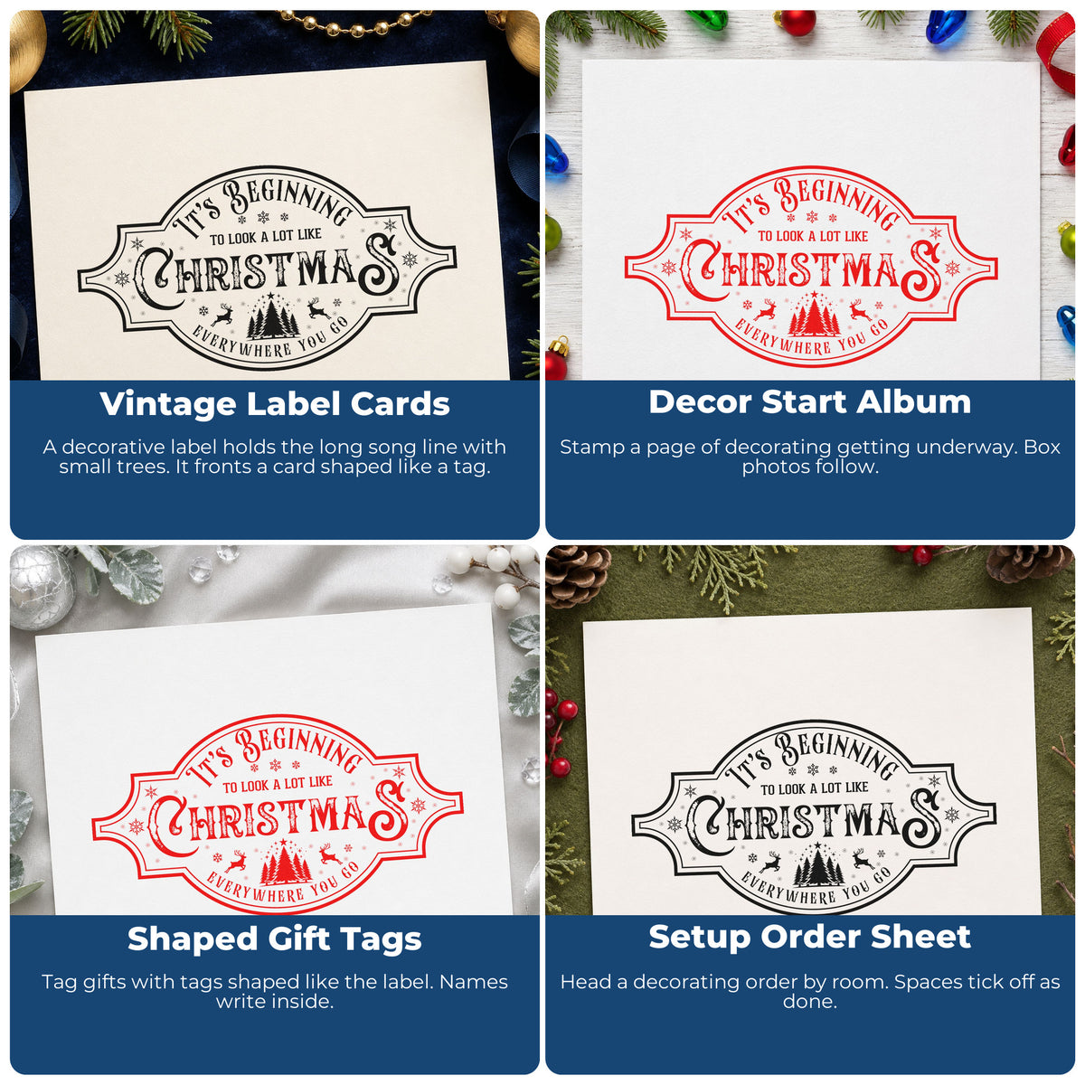 Four ways to use the Beginning To Look Like Christmas Tree Motif Premium Wooden Stamp - Vintage Pro: vintage label cards, decor start album, shaped gift tags and setup order sheet.