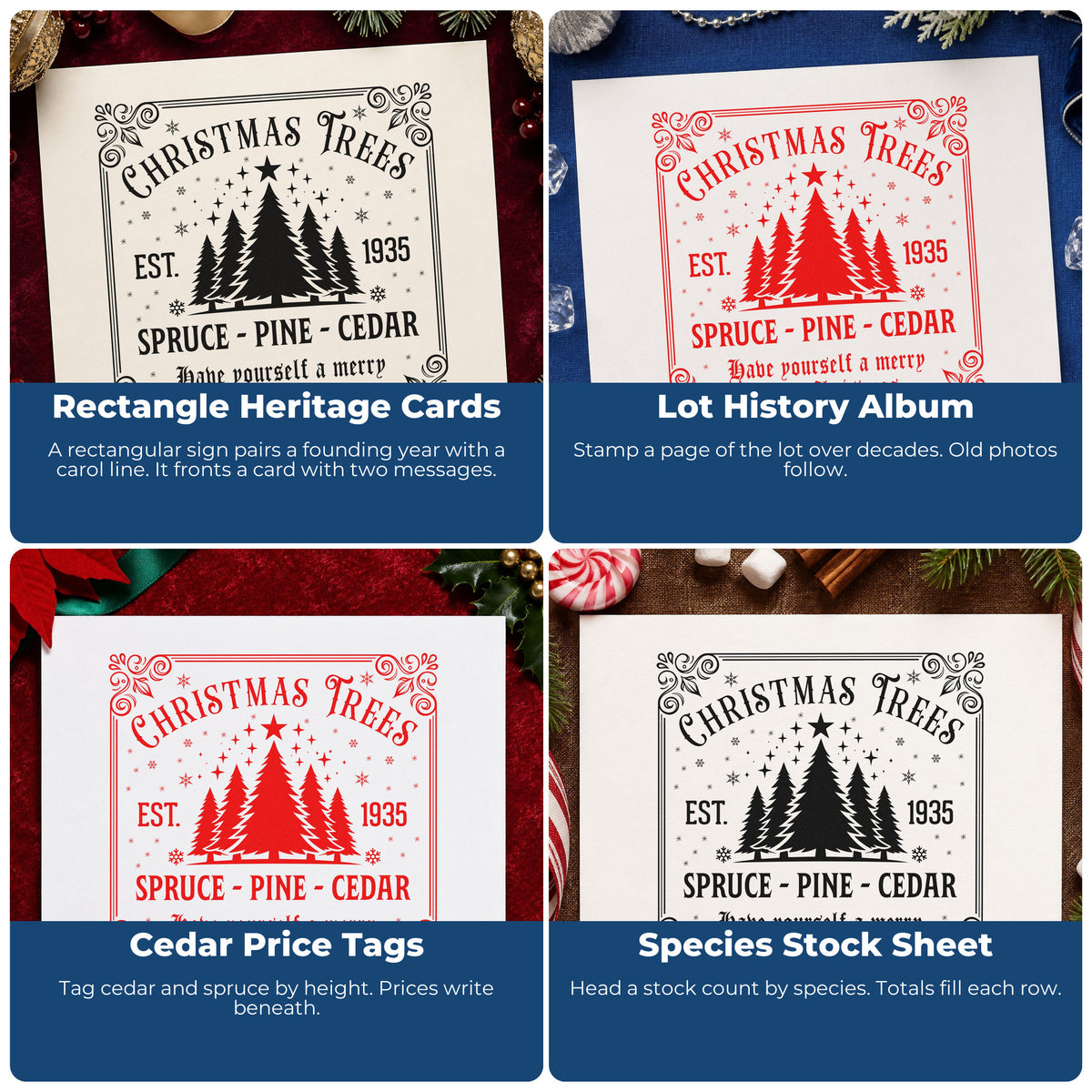 Four ways to use the Christmas Trees Est 1935 Sign Hand Stamp – Duo: rectangle heritage cards, lot history album, cedar price tags and species stock sheet.
