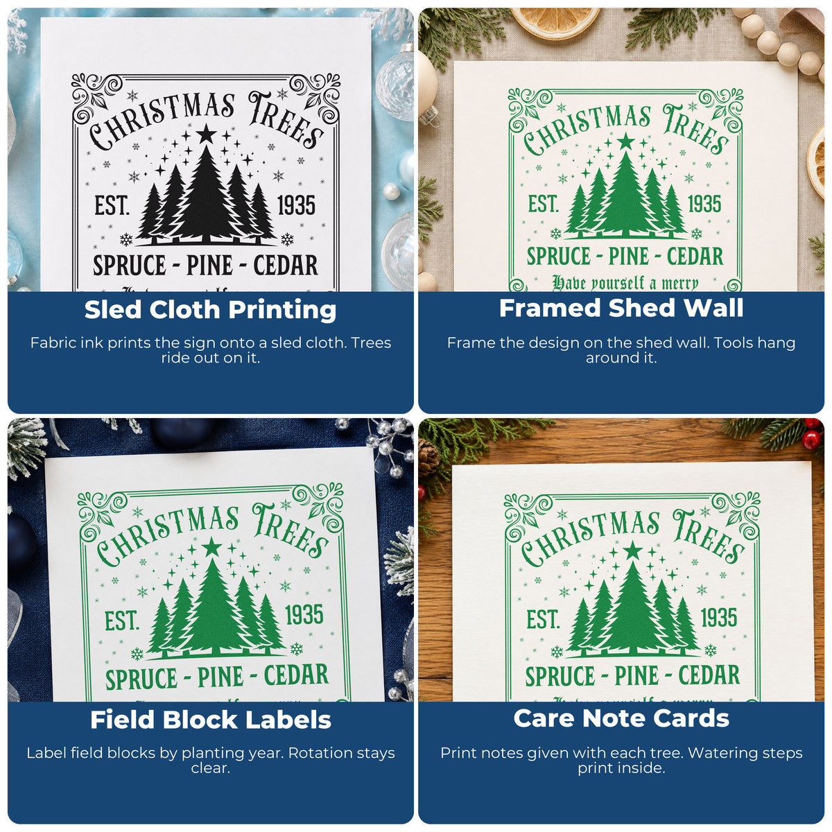 Four ways to use the Christmas Trees Est 1935 Sign Hand Stamp – Duo: sled cloth printing, framed shed wall, field block labels and care note cards.