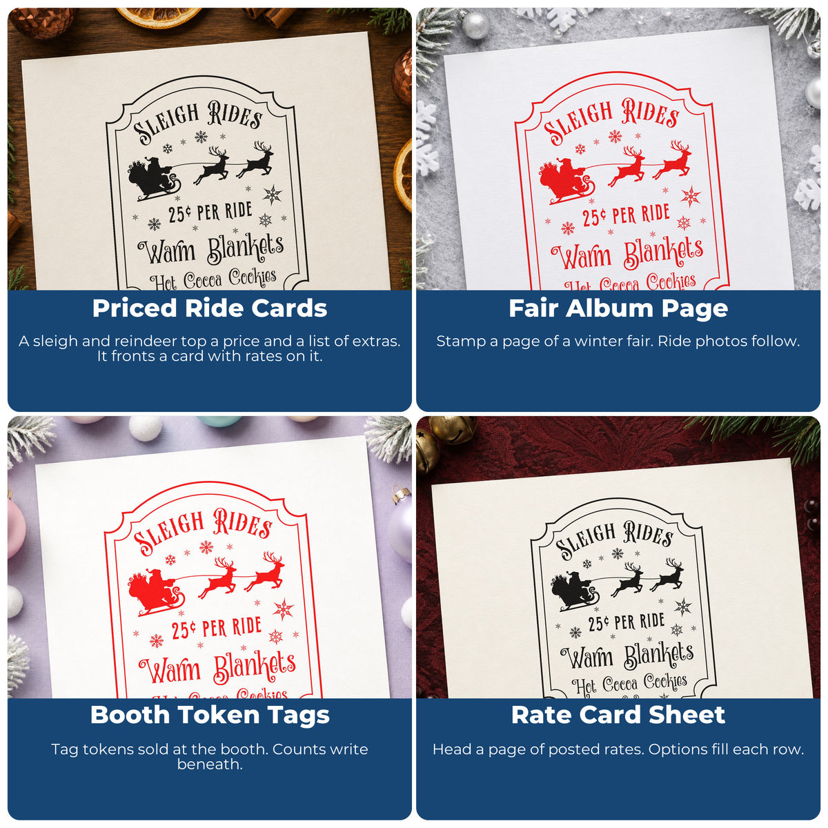 Four ways to use the Sleigh Rides Warm Blankets Reindeer Stamp - Premium Vintage Pro Wooden: priced ride cards, fair album page, booth token tags and rate card sheet.