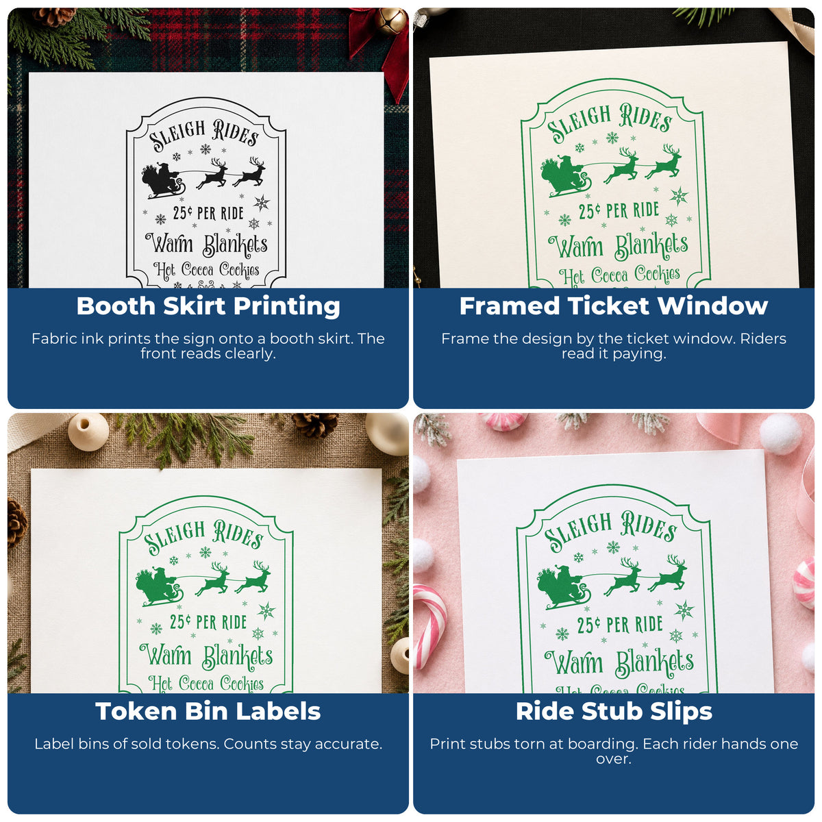Four ways to use the Sleigh Rides Warm Blankets Reindeer Stamp - Premium Vintage Pro Wooden: booth skirt printing, framed ticket window, token bin labels and ride stub slips.