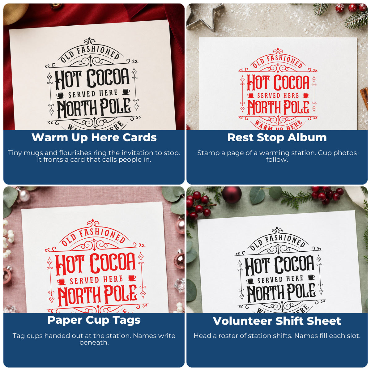 Four ways to use the Old Fashioned Hot Cocoa Served Here North Pole Warm Up Here Rubber Stamp – Wood Handle: warm up here cards, rest stop album, paper cup tags and volunteer shift sheet.