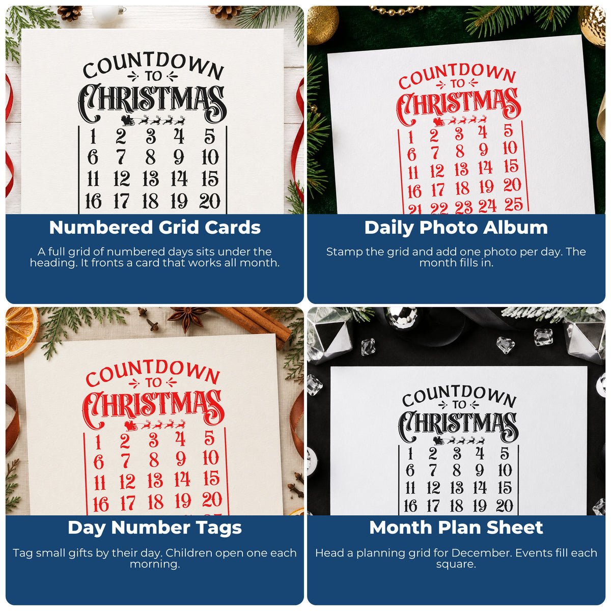Four ways to use the Countdown To Christmas Calendar Sleigh Self-Inking Craft Stamp: numbered grid cards, daily photo album, day number tags and month plan sheet.