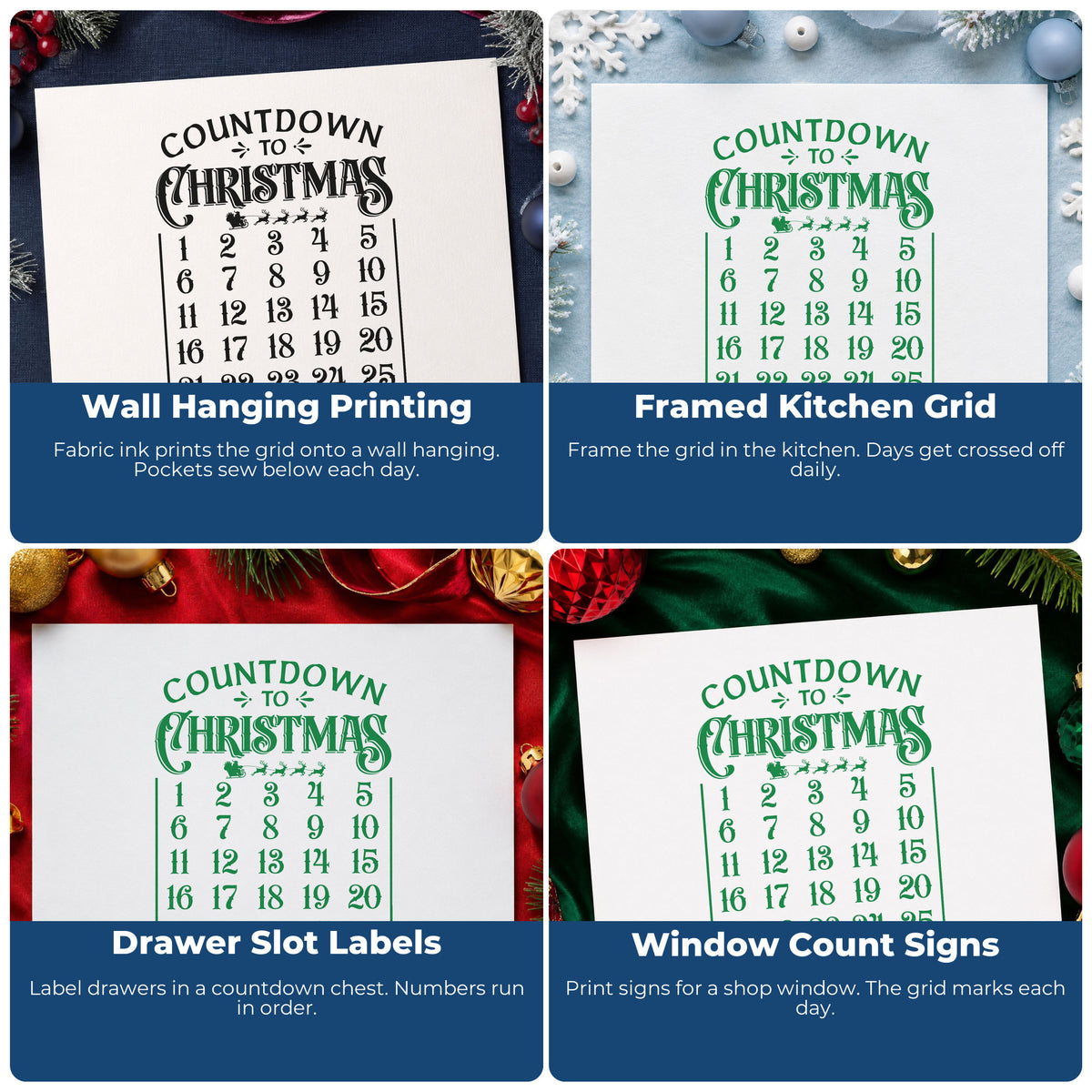 Four ways to use the Countdown To Christmas Calendar Sleigh Stamp - Premium Vintage Pro Wooden: wall hanging printing, framed kitchen grid, drawer slot labels and window count signs.
