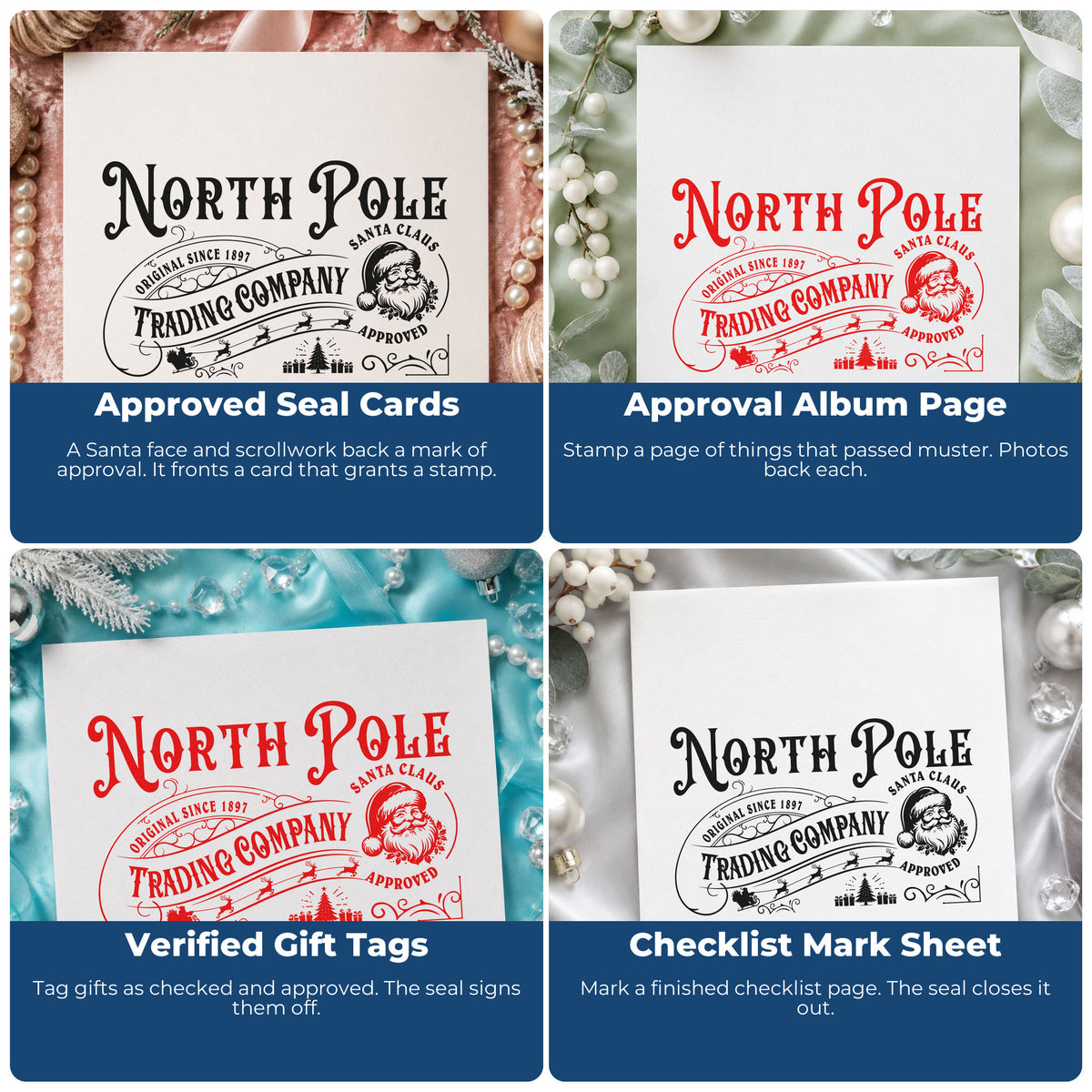 Four ways to use the North Pole Trading Santa Approved Wood-Mounted Rubber Stamp: approved seal cards, approval album page, verified gift tags and checklist mark sheet.