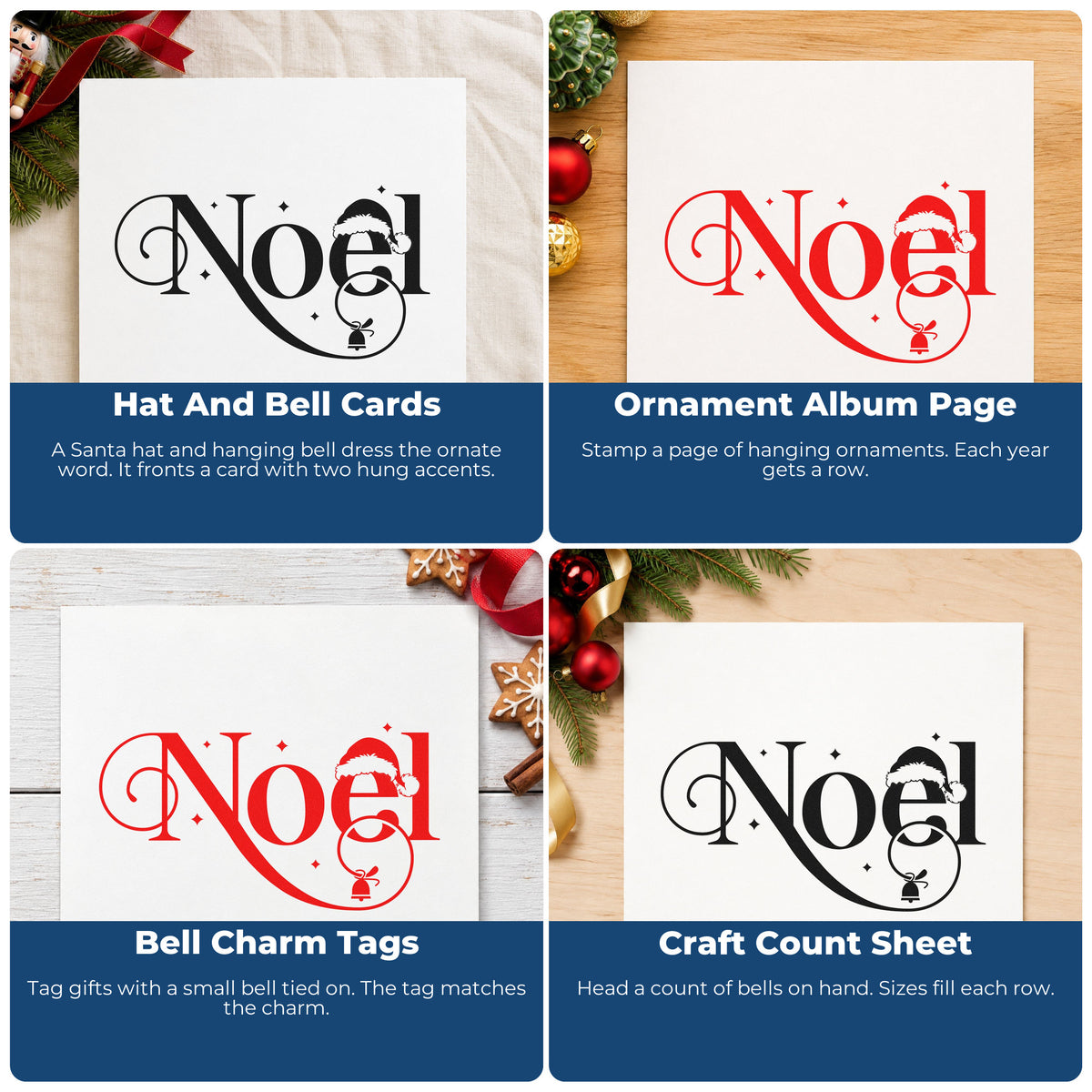 Four ways to use the Noel Santa Hat Bell With Stars Rubber Stamp – Wood Handle: hat and bell cards, ornament album page, bell charm tags and craft count sheet.