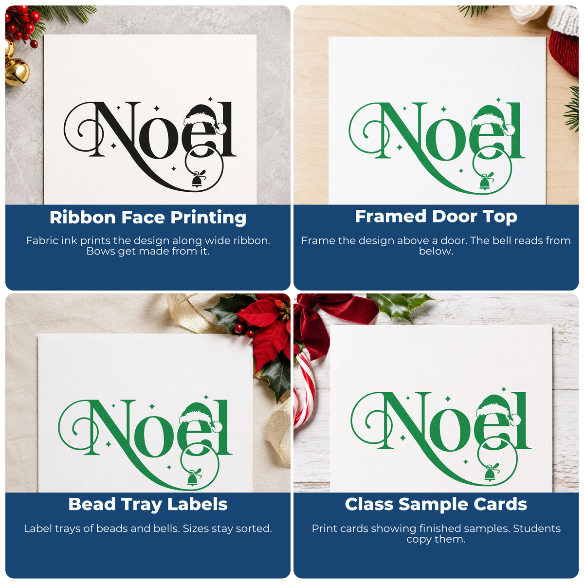 Four ways to use the Noel Santa Hat Bell With Stars Rubber Stamp – Wood Handle: ribbon face printing, framed door top, bead tray labels and class sample cards.